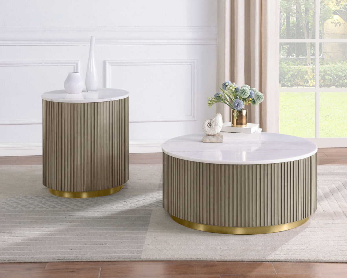 Best Furniture Outlet - Coaster - Jason 2-piece Round White Marble Coffee Table Set Greige - 711418-S2