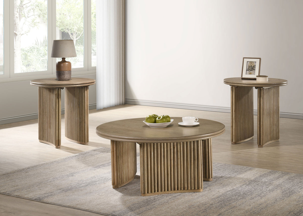 Best Furniture Outlet - Coaster - Adina 3-piece Round Coffee Table Set Distressed Light Brown - 722938-S3