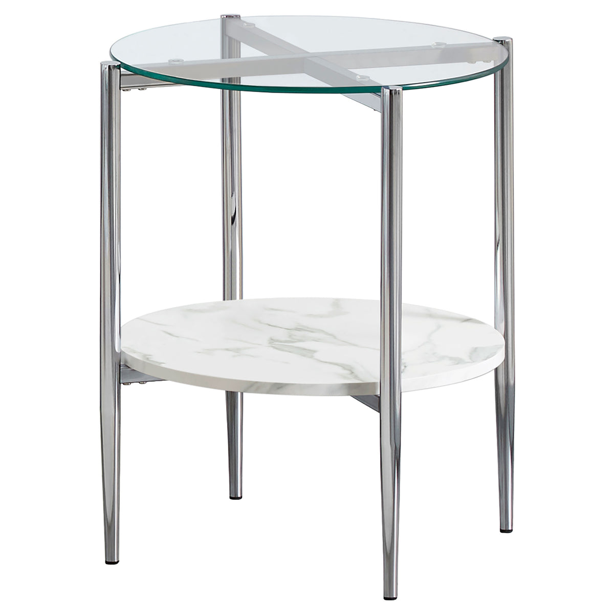 Best Furniture Outlet - Coaster - Cadee Round Glass Top End Table White and Chrome - 723277