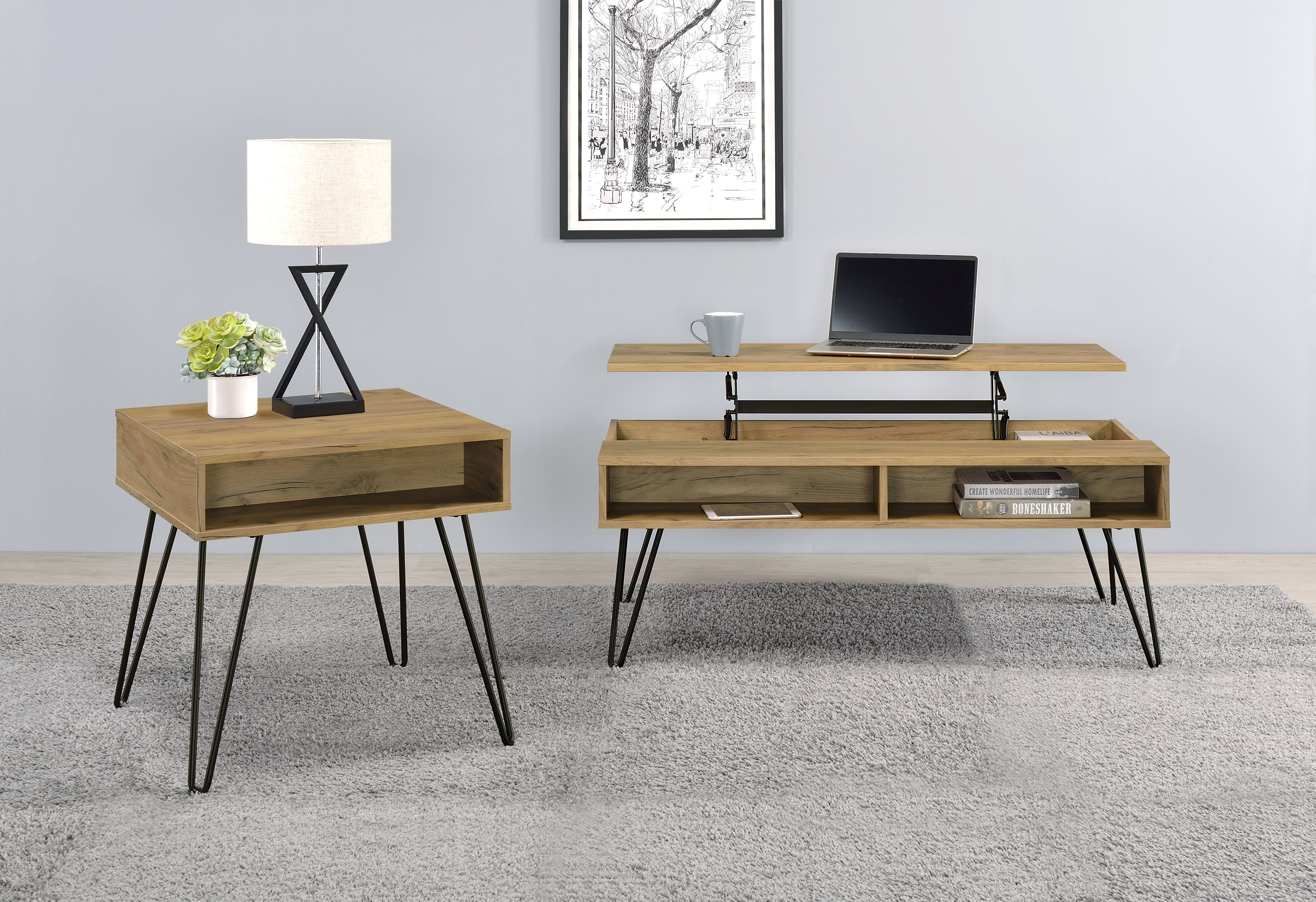 Best Furniture Outlet - Coaster - Fanning 2-piece Lift Top Coffee and End Table Set Golden Oak - 723368-S2