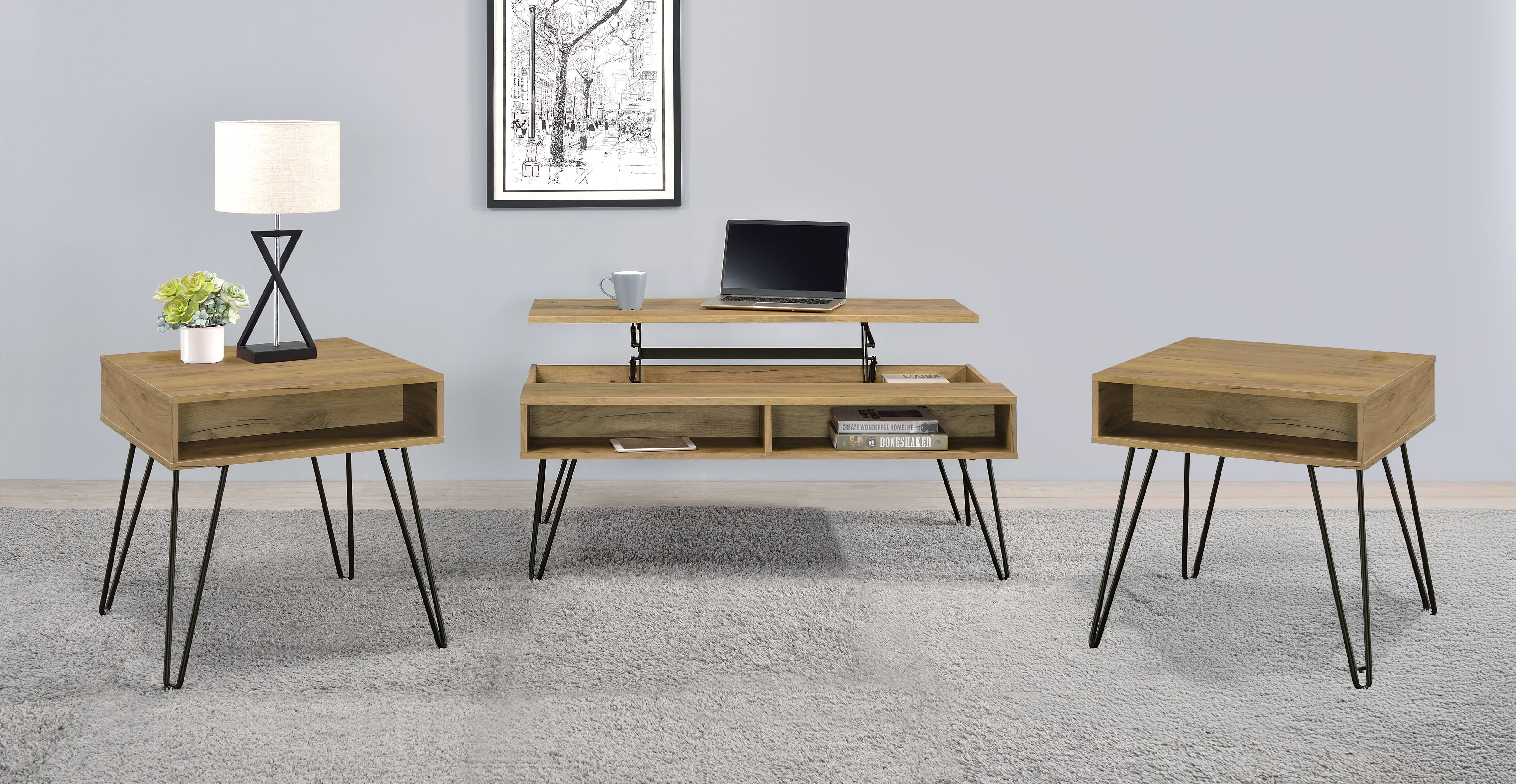 Best Furniture Outlet - Coaster - Fanning 3-piece Lift Top Coffee and End Table Set Golden Oak - 723368-S3