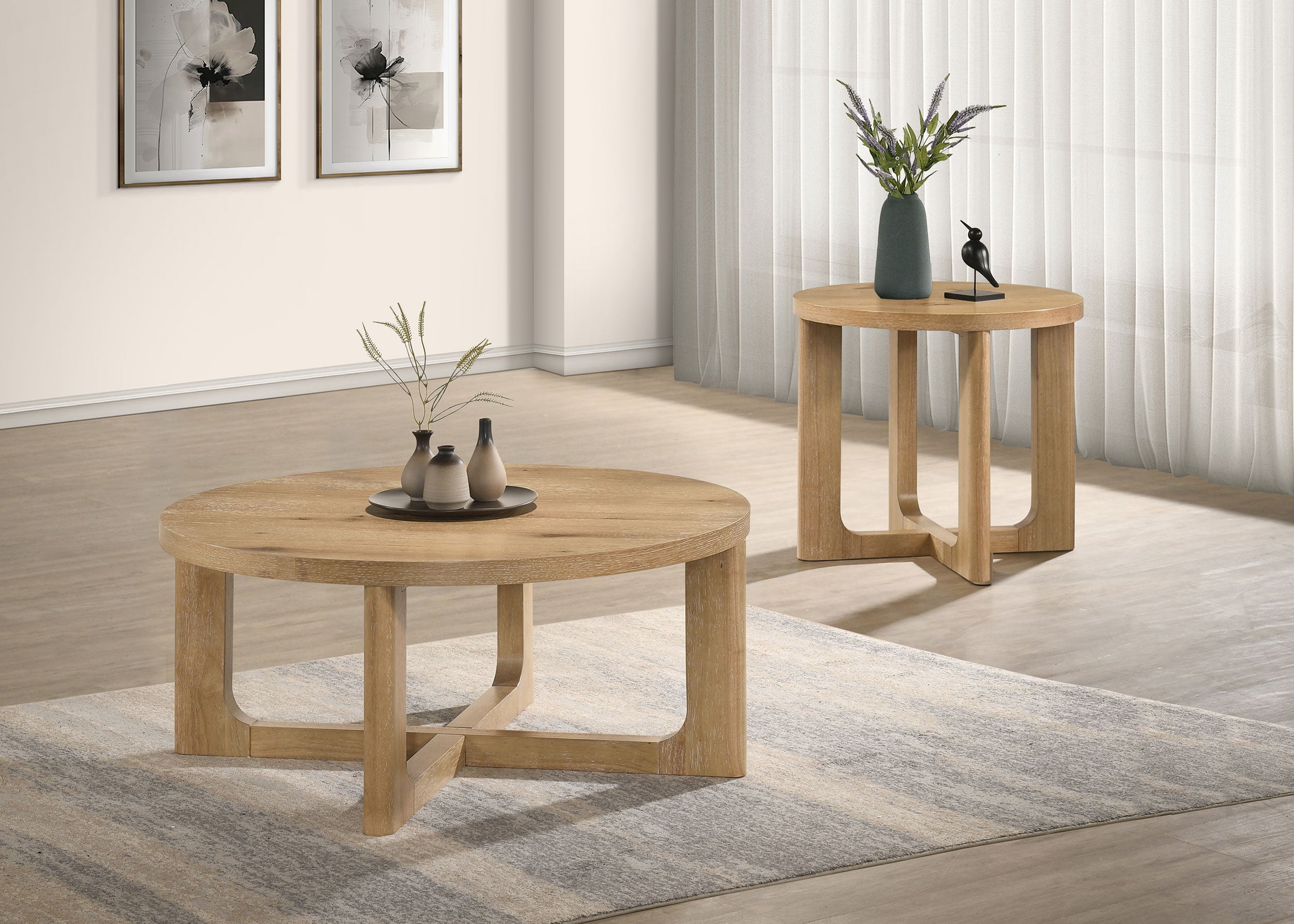 Best Furniture Outlet - Coaster - Kessler 2-piece Round Sculptural Wood Coffee Table Set Light Oak - 735988-S2