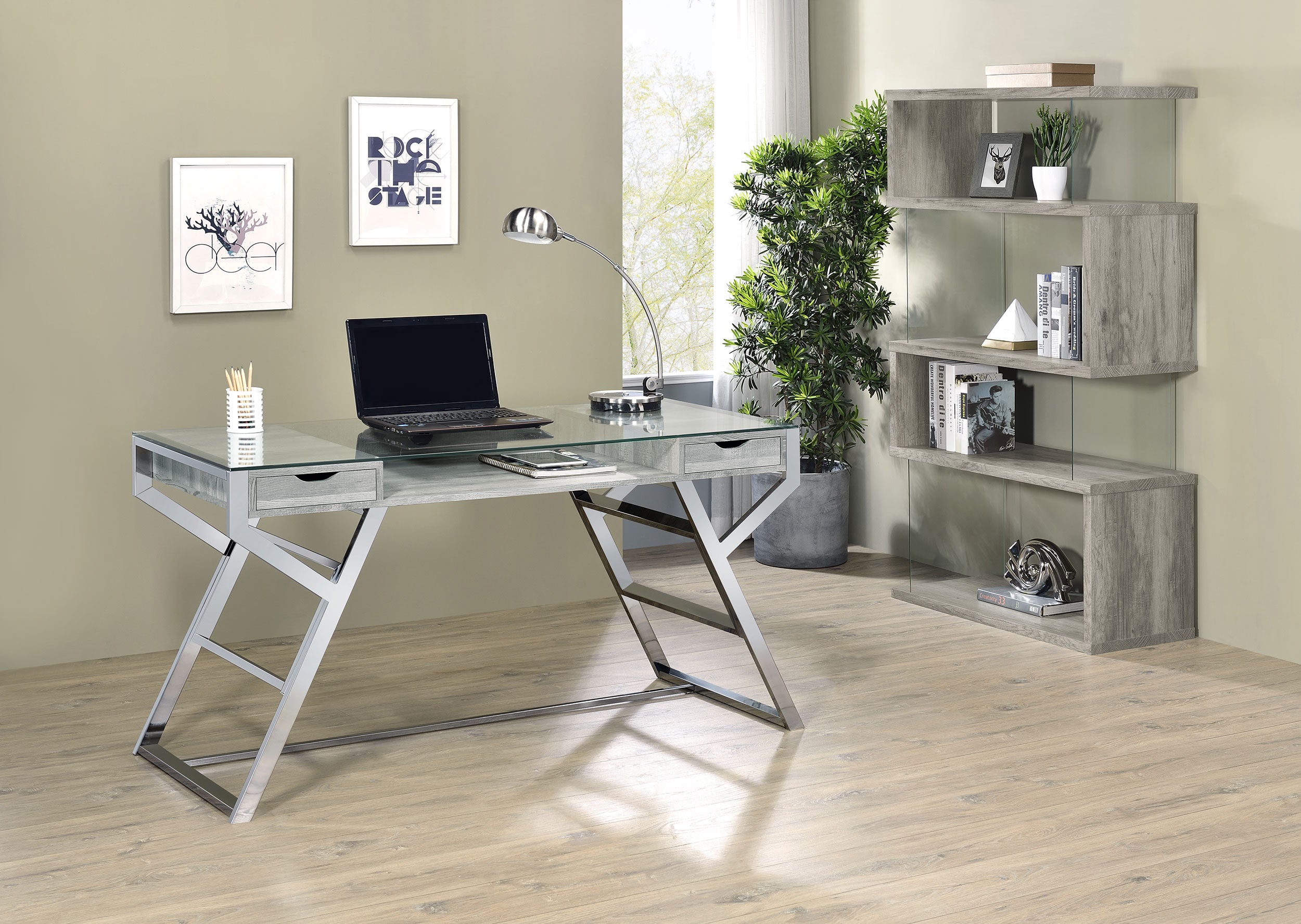 Emelle 63-inch 4-shelf Glass Panel Bookshelf Grey Driftwood