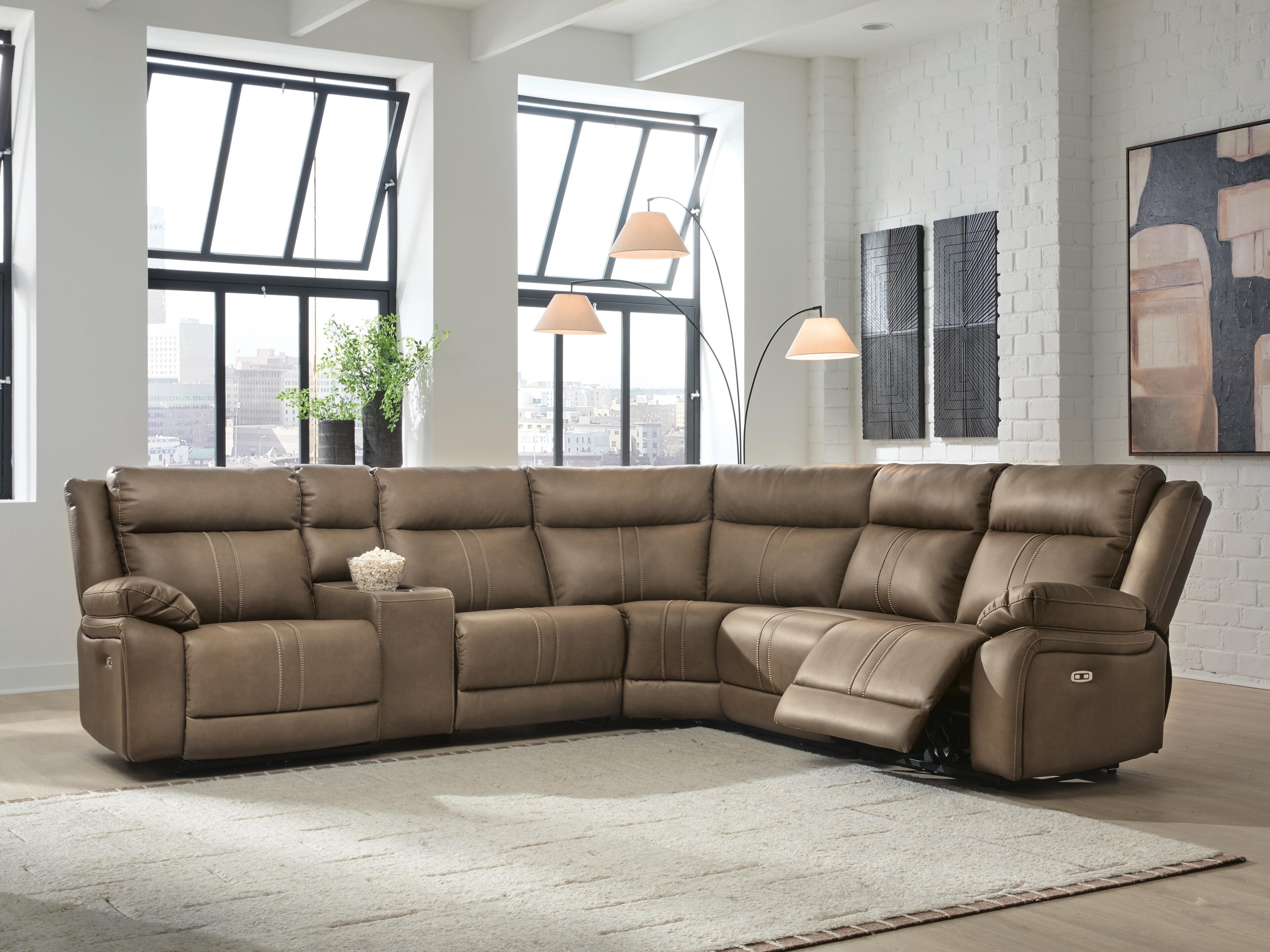 Best Furniture Outlet - Ashley Furniture - Max-Momentum Sectional - 6-Piece Power Reclining Sectional with Audio Console / Biscotti - PC82305S9