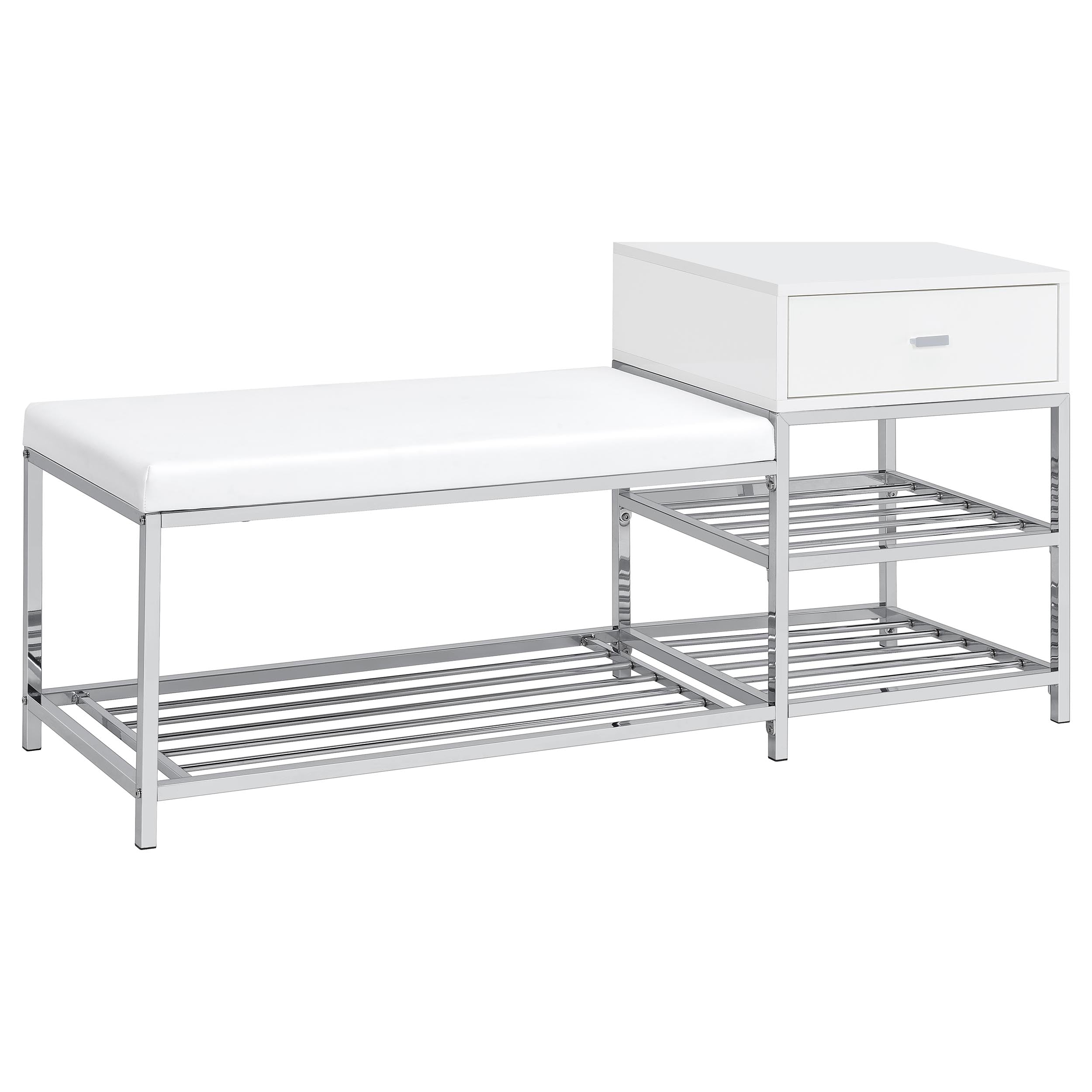 Best Furniture Outlet - Coaster - Siega 1-Drawer Shoe Storage Entryway Bench White High Gloss and Chrome - 910223