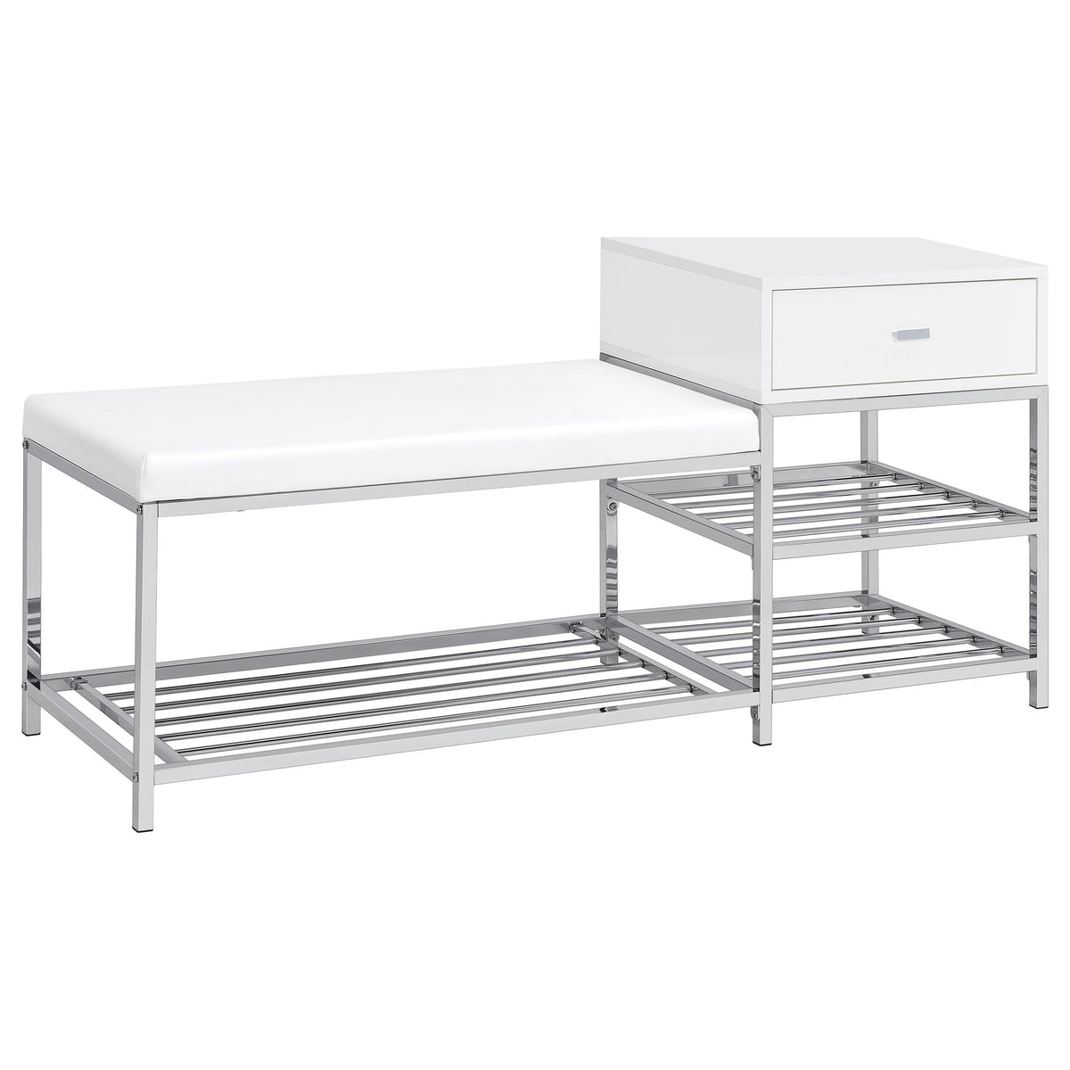 Best Furniture Outlet - Coaster - Siega 1-Drawer Shoe Storage Entryway Bench White High Gloss and Chrome - 910223