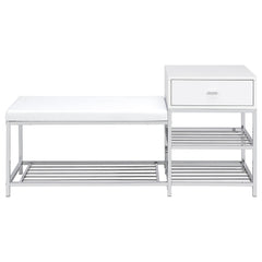 Siega 1-Drawer Shoe Storage Entryway Bench White High Gloss and Chrome