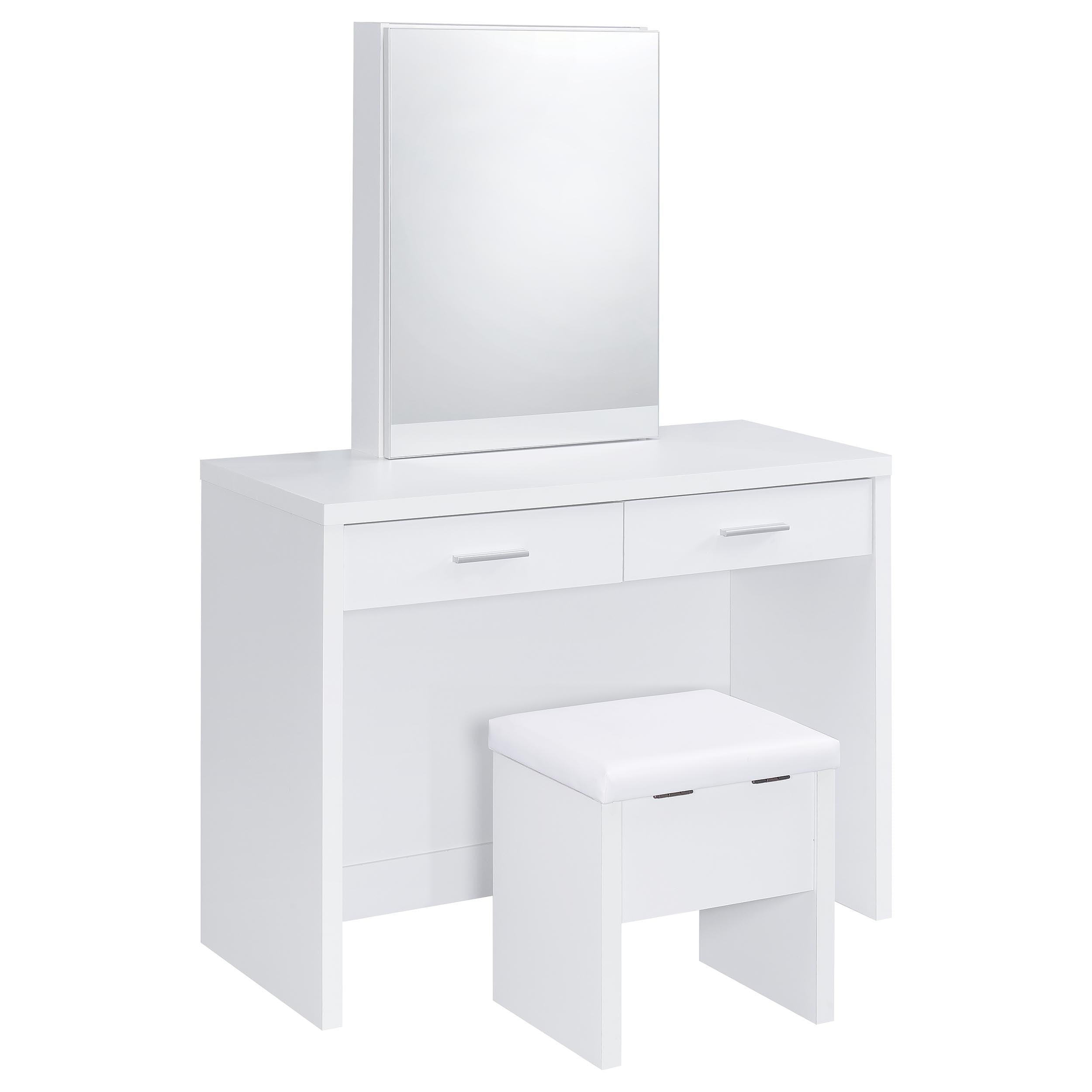 Best Furniture Outlet - Coaster - Bunbury Makeup Vanity Table Set Storage Mirror and Stool White - 930280