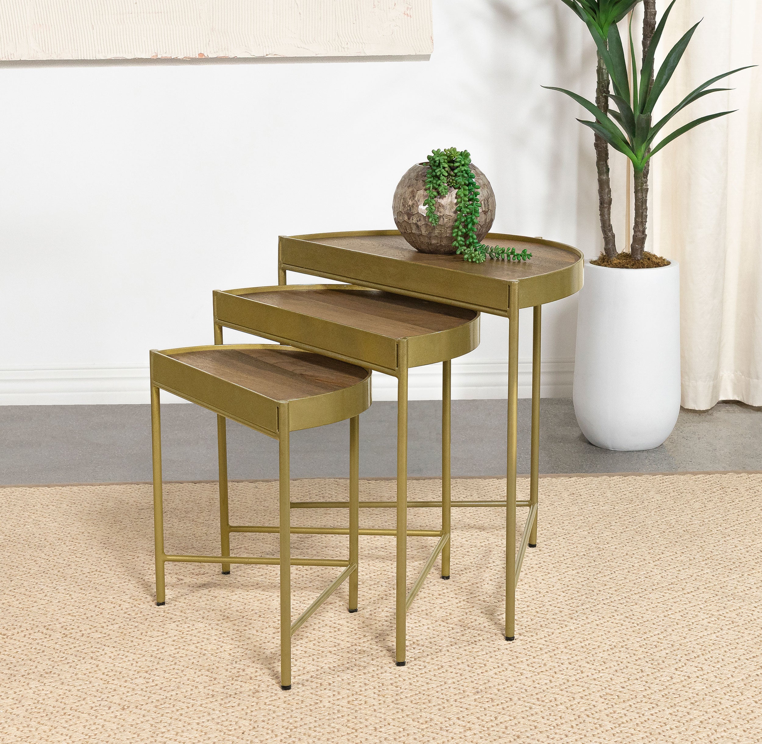 Best Furniture Outlet - Coaster - Tristen 3-Piece Demilune Nesting Table Brown and Gold - 936156