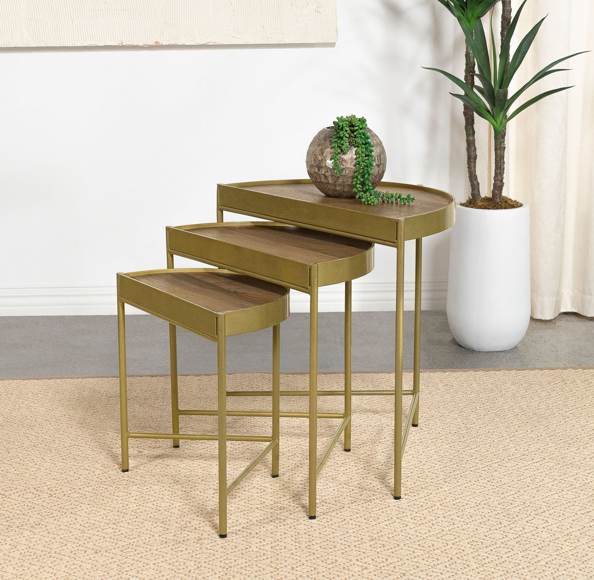 Best Furniture Outlet - Coaster - Tristen 3-Piece Demilune Nesting Table Brown and Gold - 936156