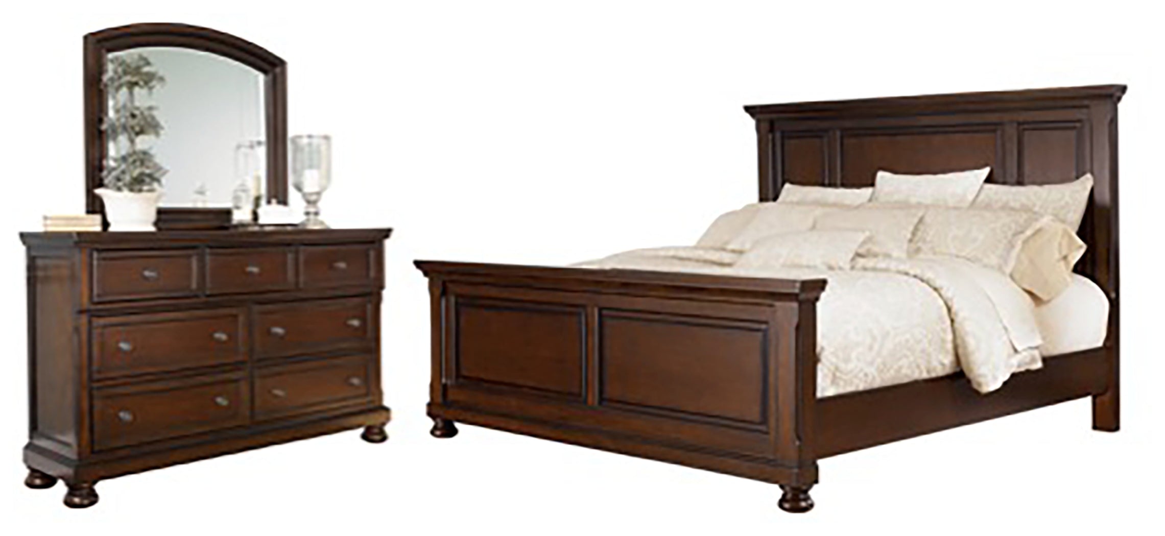 Best Furniture Outlet - Ashley Furniture - Porter Bedroom - King Panel Bed, Dresser and Mirror / Rustic Brown - B697B34