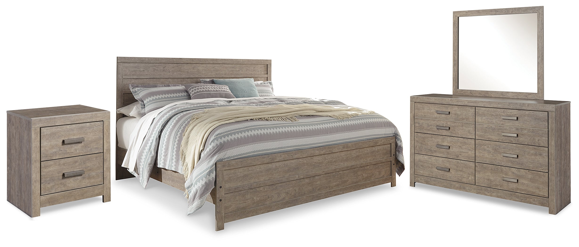 Best Furniture Outlet - Ashley Furniture - Culverbach Bedroom - King Panel Bed, Dresser, Mirror and Nightstand / Gray - B070B15