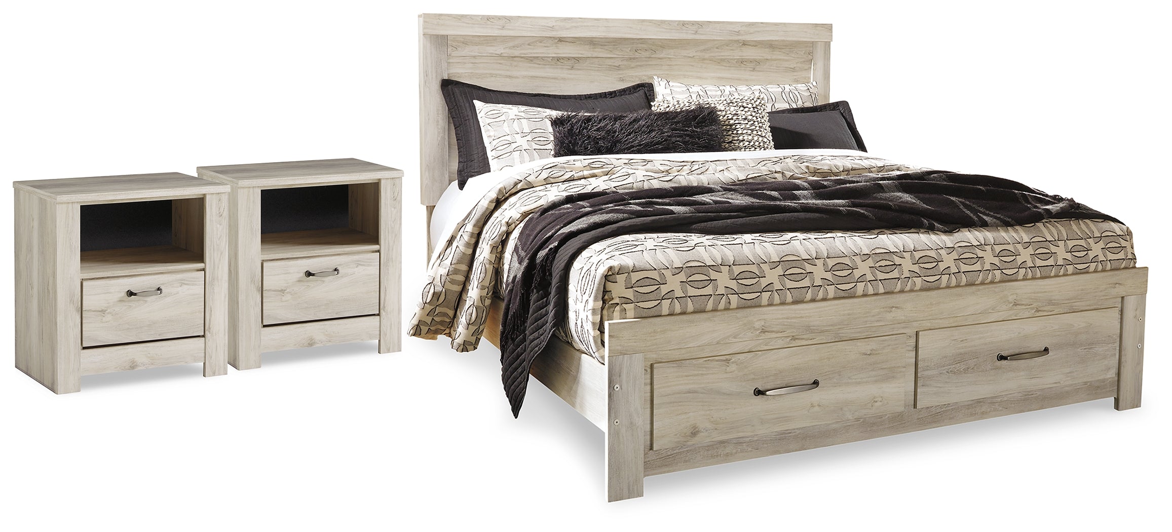 Best Furniture Outlet - Ashley Furniture - Bellaby Bedroom - King Storage Bed and 2 Nightstands / Whitewash - B331B23