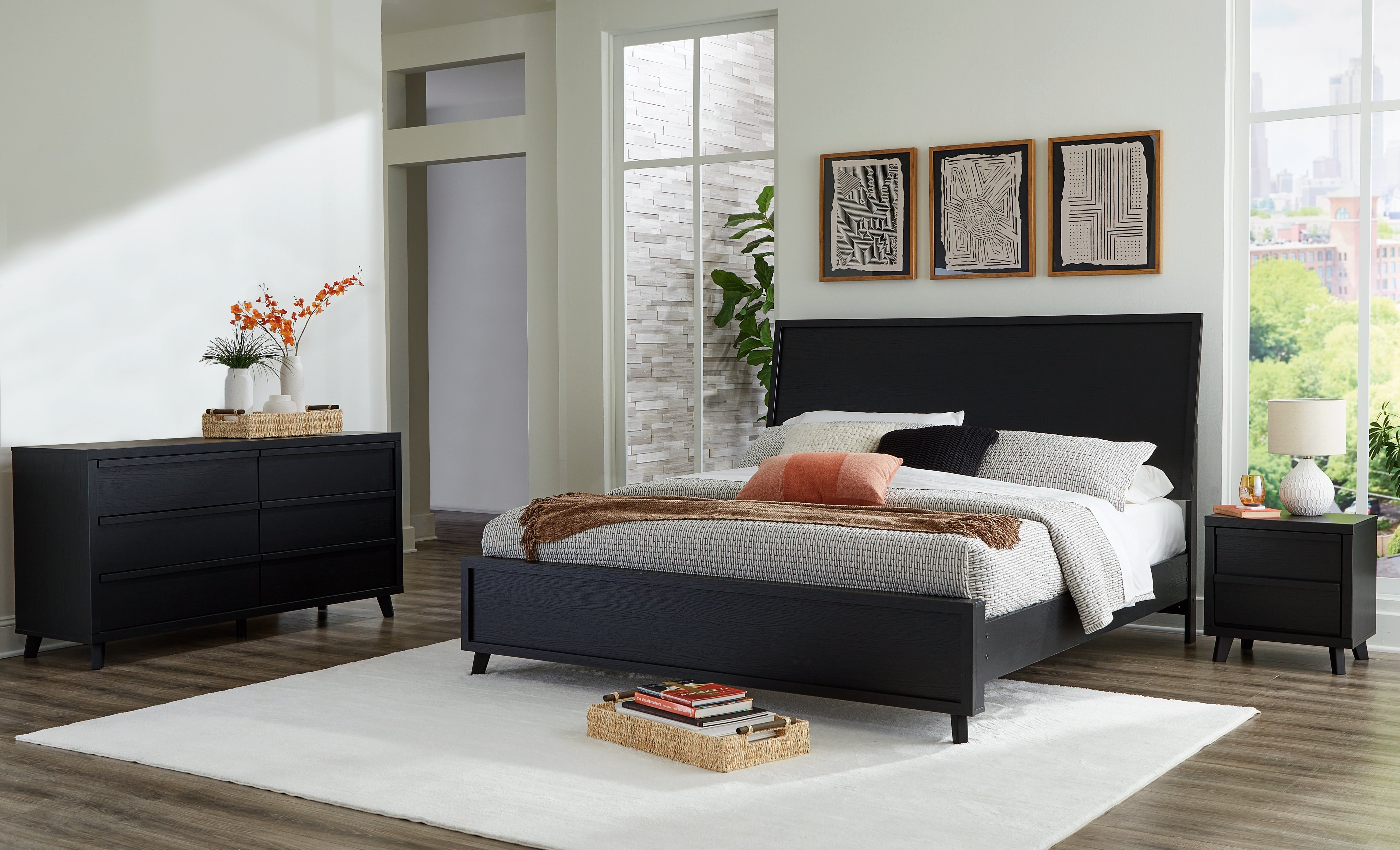 Best Furniture Outlet - Ashley Furniture - Danziar Bedroom - King Panel Bed, Dresser and Nightstand / Black - B1013B13