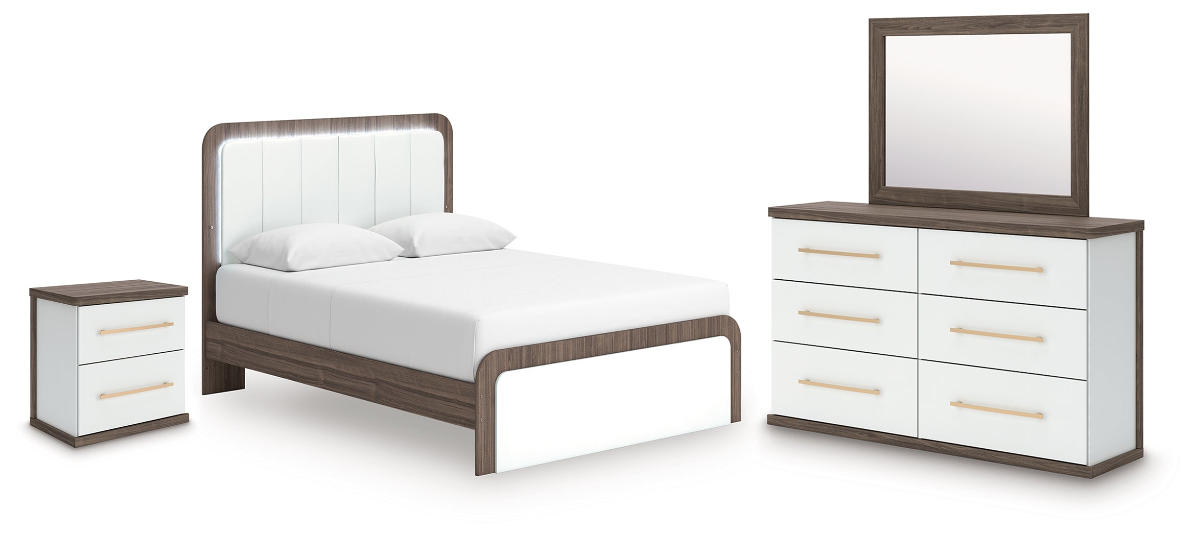 Best Furniture Outlet - Ashley Furniture - Kendanport Bedroom - Queen Upholstered Bed, Dresser, Mirror and Nightstand / White/Brown - PCB1108B10