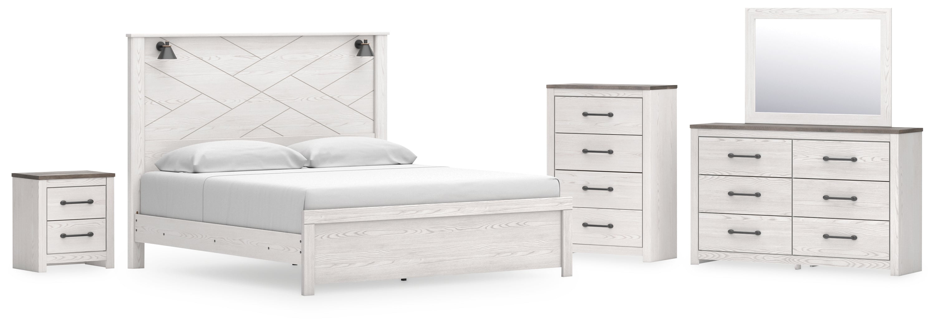 Best Furniture Outlet - Ashley Furniture - Gerridan Bedroom - King Panel Bed, Dresser, Mirror, Chest, and Nightstand / White/Gray - B1190B16