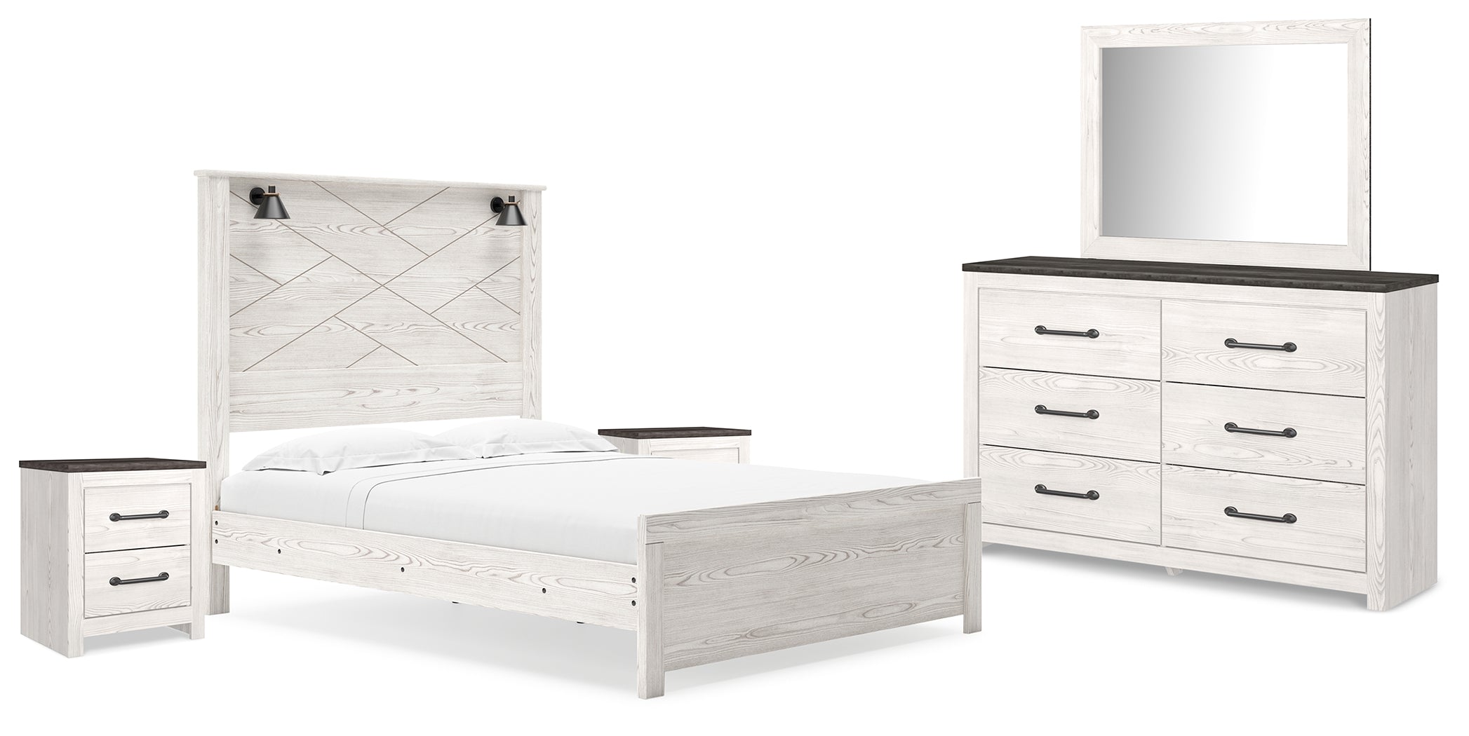 Best Furniture Outlet - Ashley Furniture - Gerridan Bedroom - Queen Panel Bed, Dresser, Mirror, and 2 Nightstands / White/Gray - B1190B17