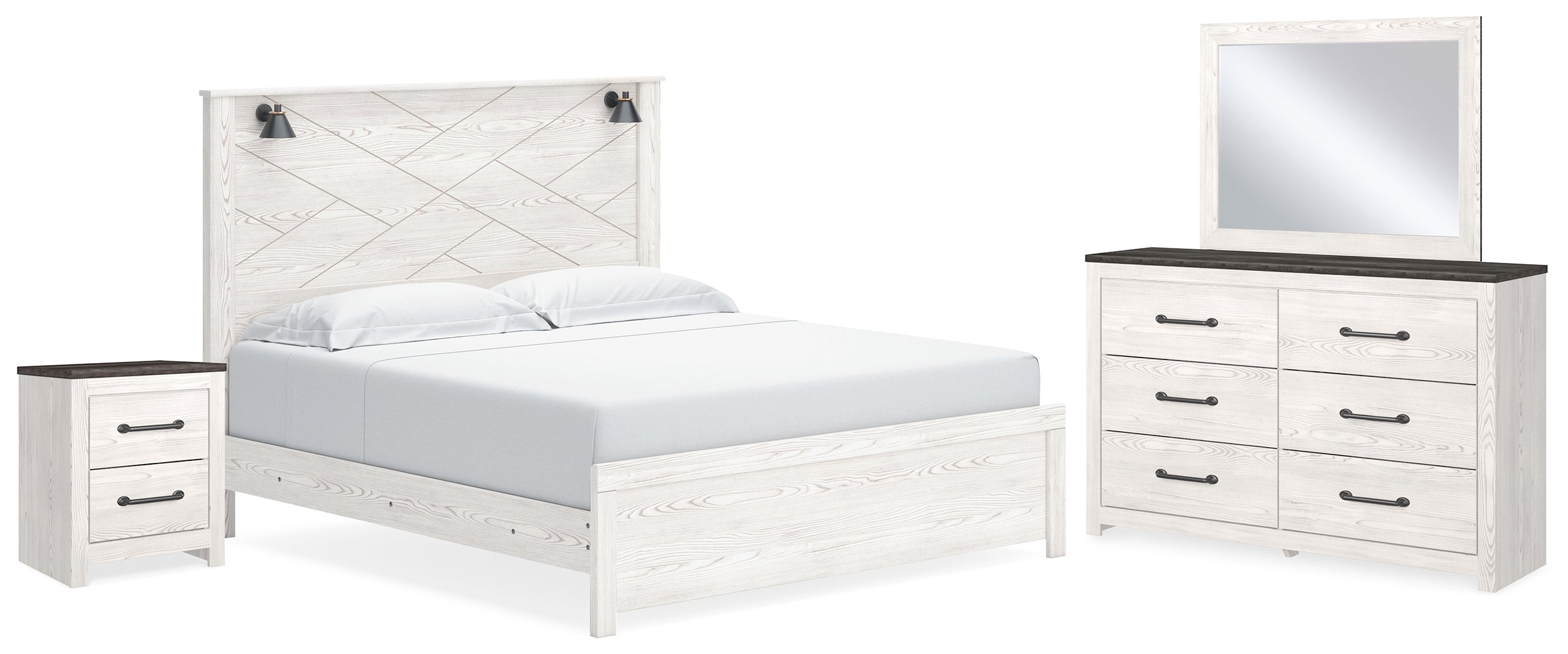 Best Furniture Outlet - Ashley Furniture - Gerridan Bedroom - King Panel Bed, Dresser, Mirror and Nightstand / White/Gray - B1190B20