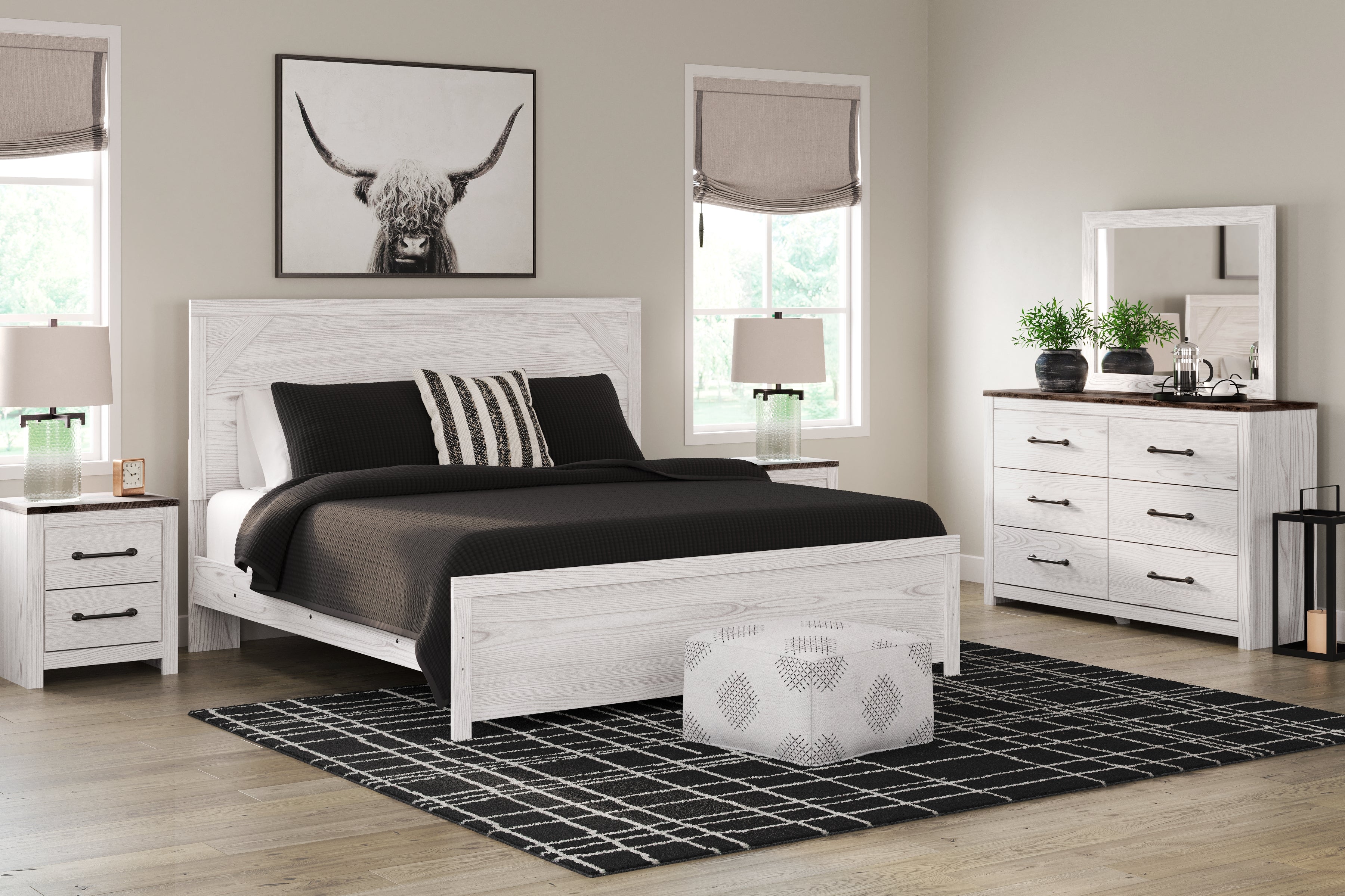 Best Furniture Outlet - Ashley Furniture - Gerridan Bedroom - King Panel Bed with Mirrored Dresser and Nightstand / White/Gray - B1190B10