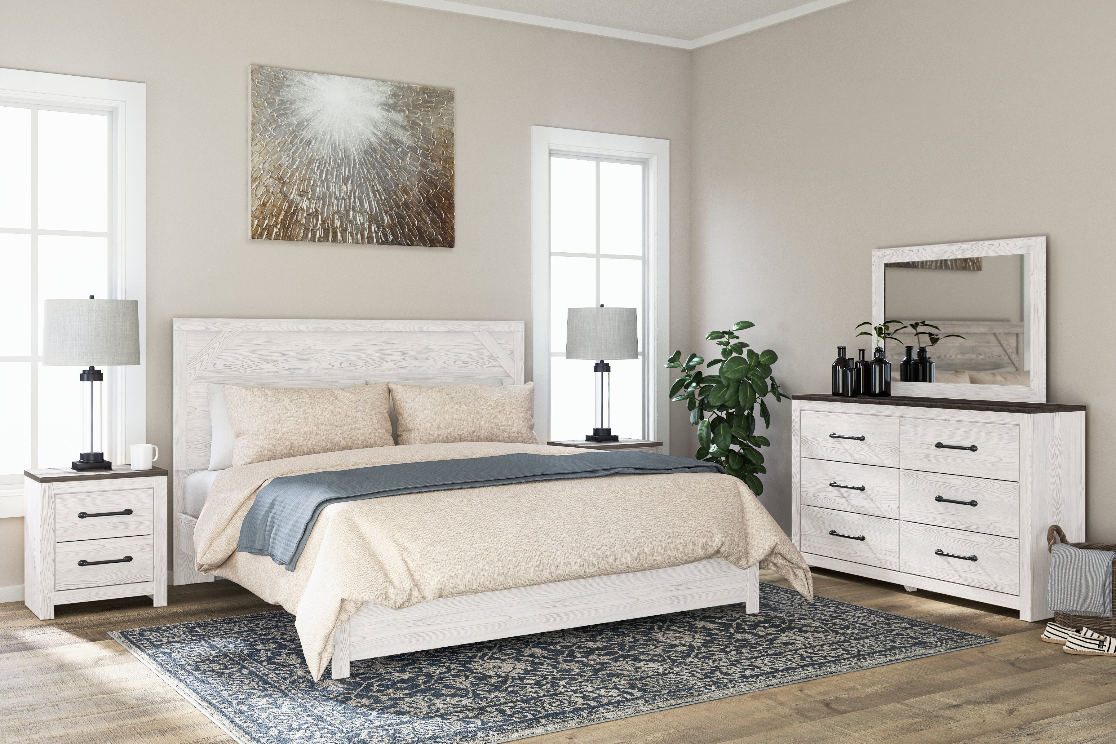Best Furniture Outlet - Ashley Furniture - Gerridan Bedroom - King Panel Bed, Dresser, Mirror and 2 Nightstands / White/Gray - B1190B19