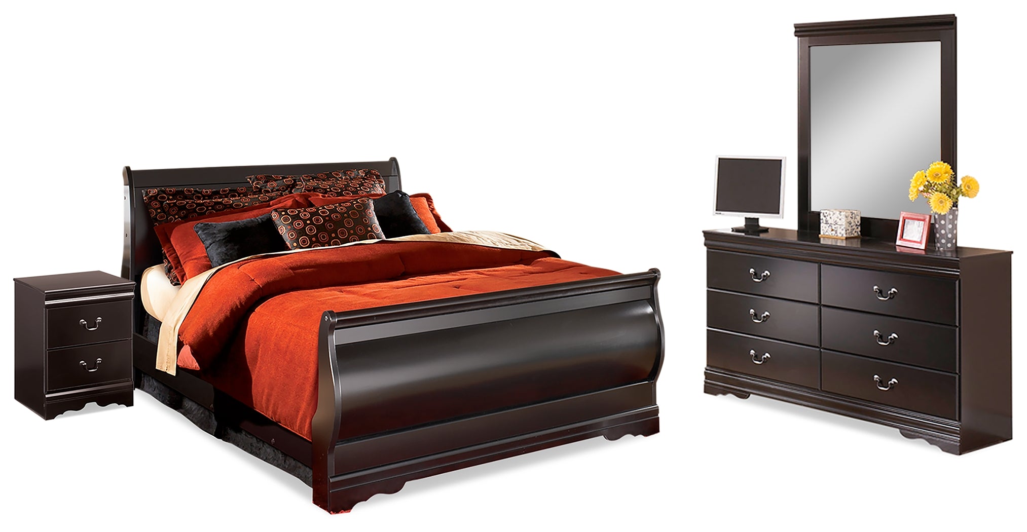 Best Furniture Outlet - Ashley Furniture - Huey Vineyard Bedroom - Queen Bed with Mirrored Dresser and Nightstand / Black - B128B16