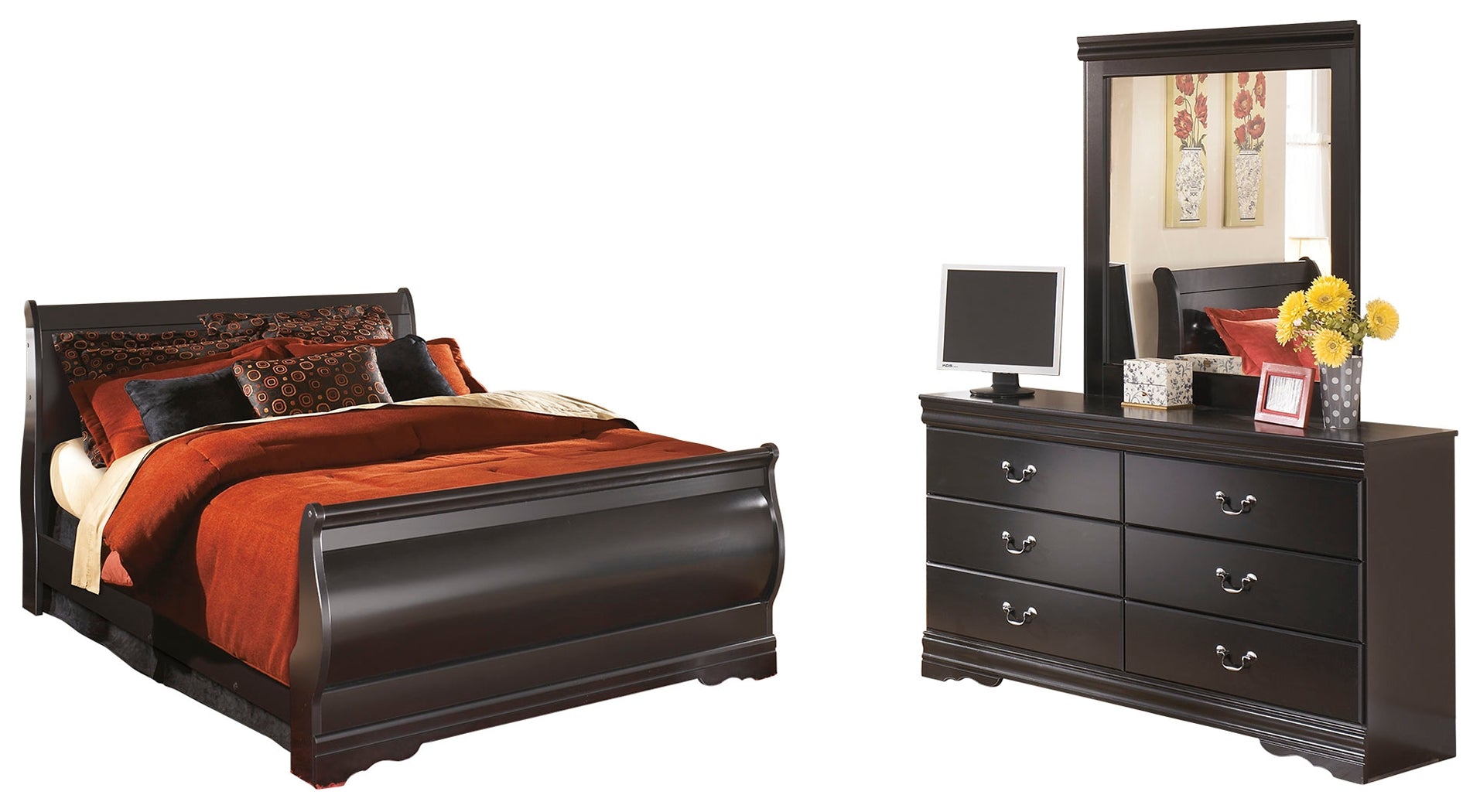 Best Furniture Outlet - Ashley Furniture - Huey Vineyard Bedroom - Queen Sleigh Bed with Dresser and Mirror / Black - B128B6