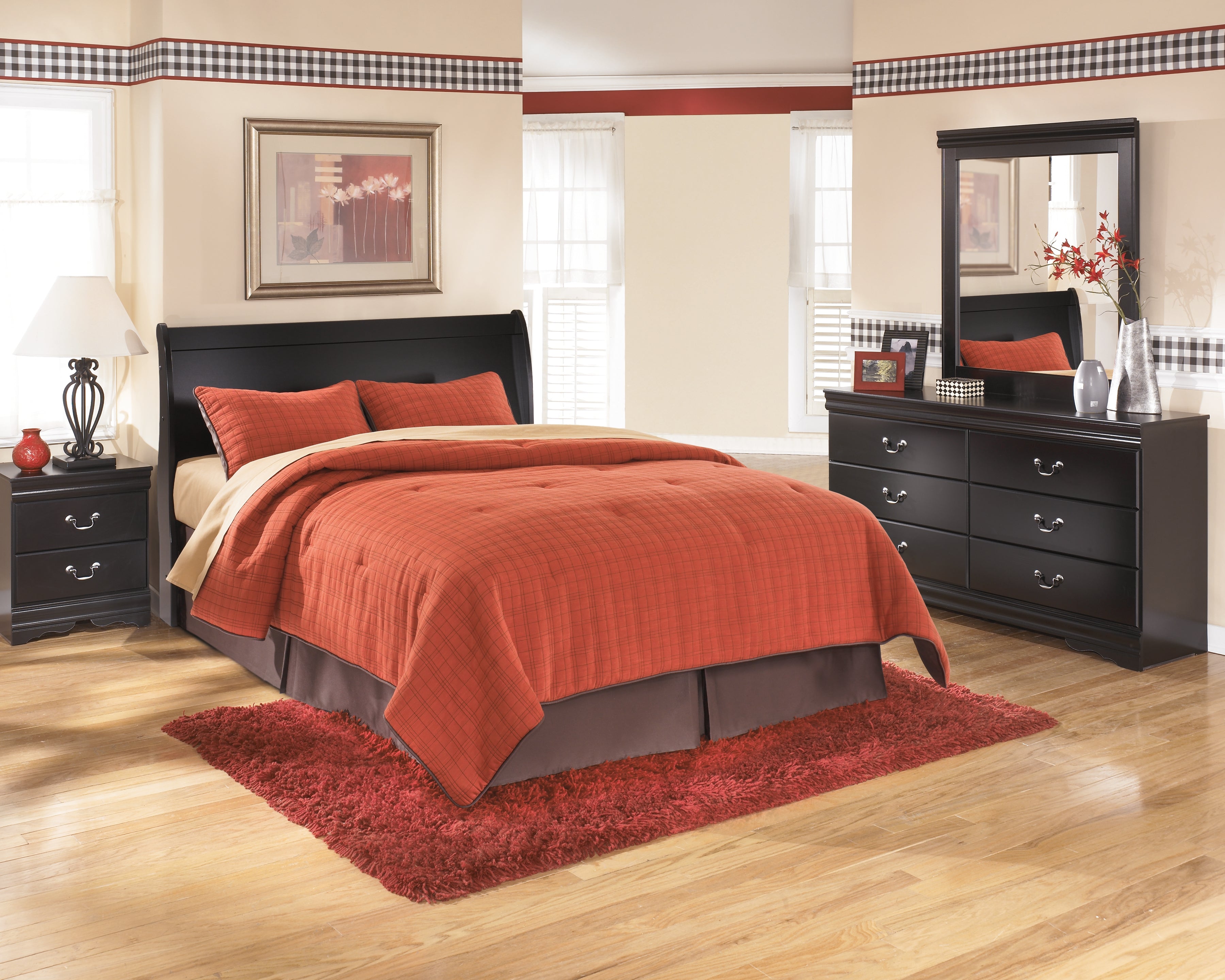 Best Furniture Outlet - Ashley Furniture - Huey Vineyard Bedroom - Queen Sleigh Headboard, Dresser, Mirror and Nightstand / Black - B128B38