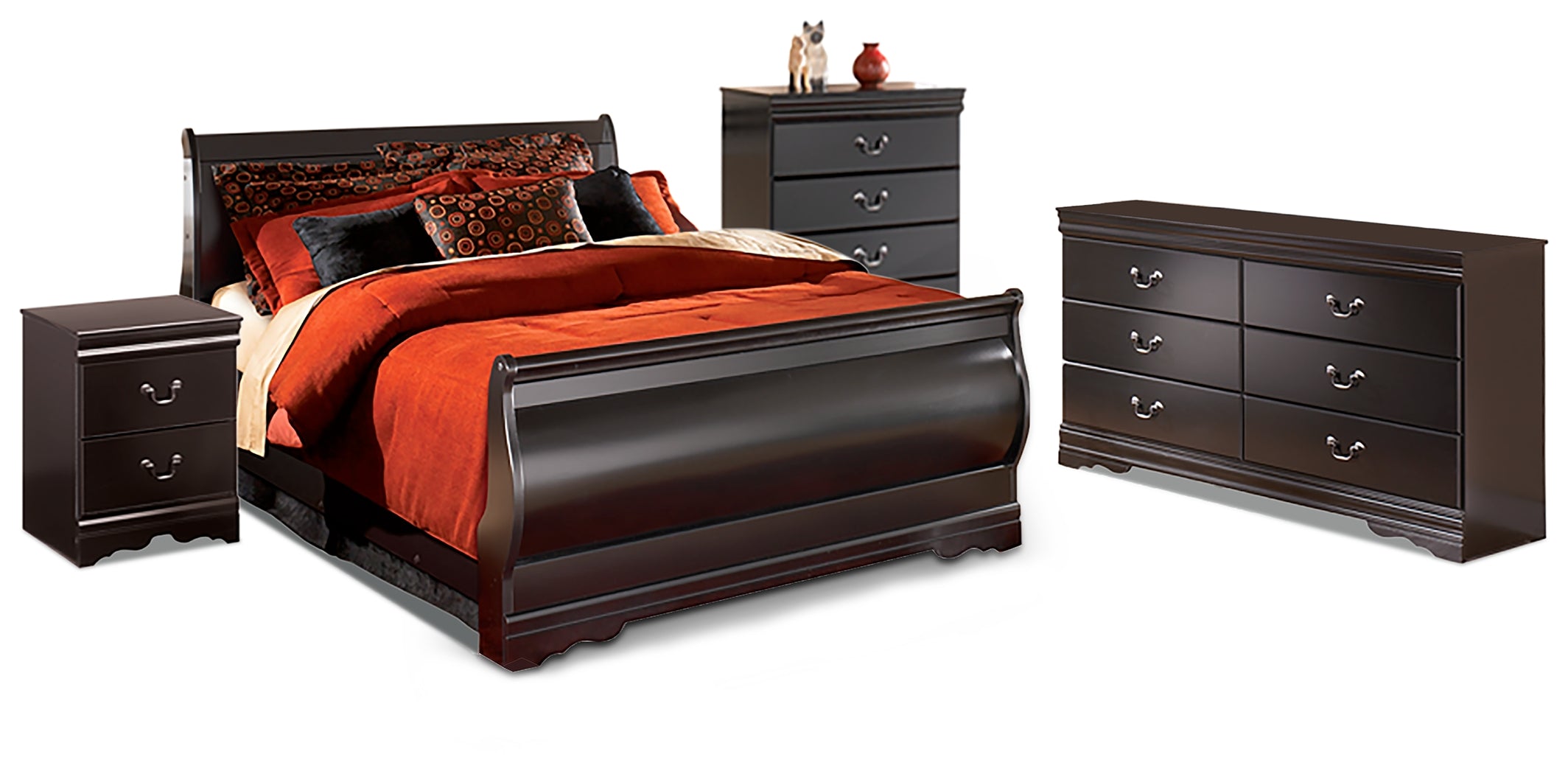 Best Furniture Outlet - Ashley Furniture - Huey Vineyard Bedroom - Queen Sleigh Bed, Dresser, Chest and Nightstand / Black - B128B19