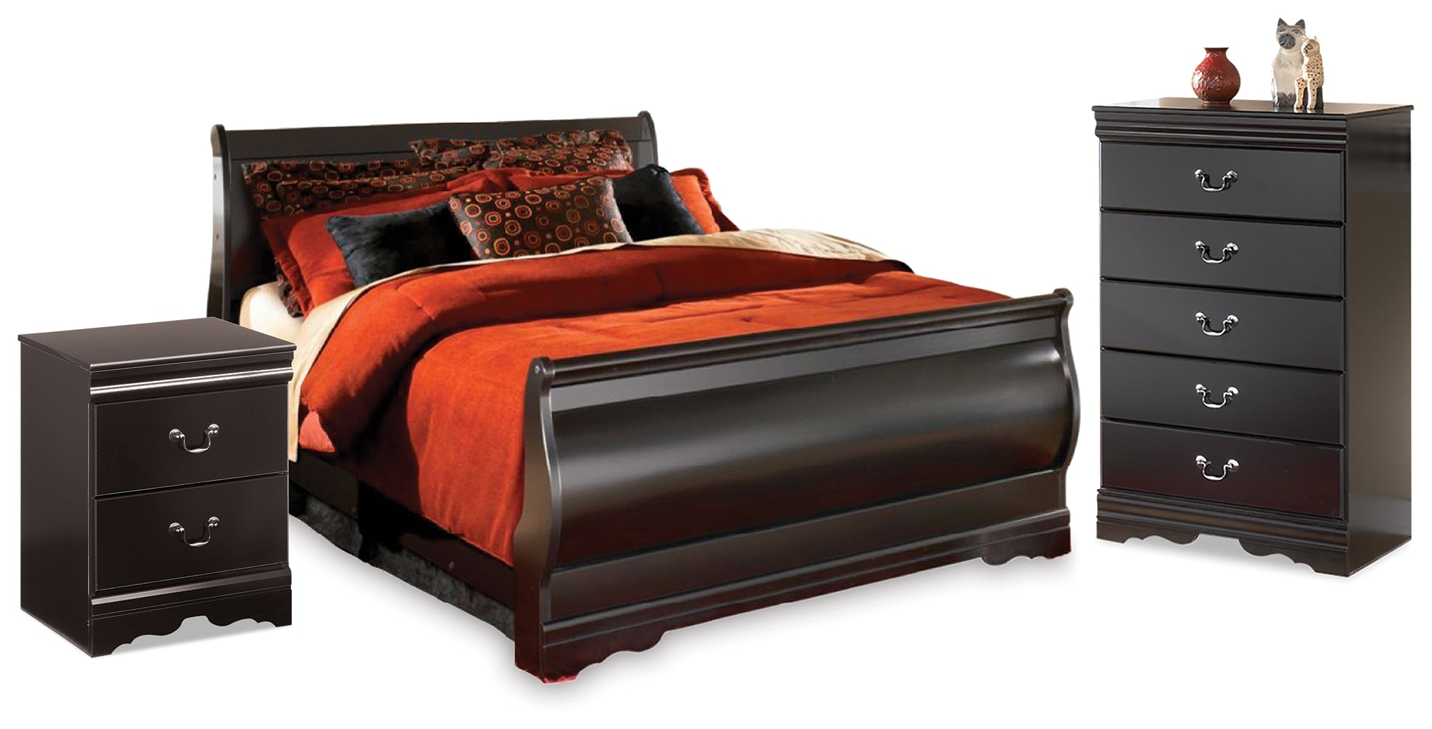 Best Furniture Outlet - Ashley Furniture - Huey Vineyard Bedroom - Full Sleigh Bed, Chest and Nightstand / Black - B128B49