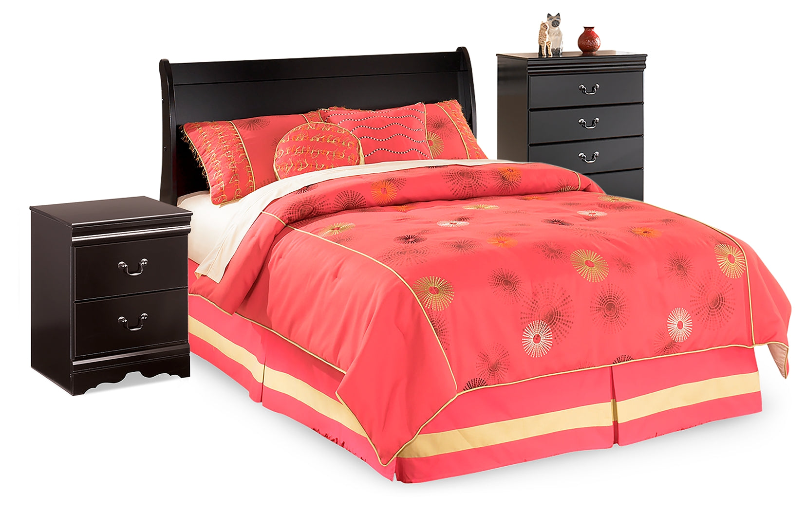 Best Furniture Outlet - Ashley Furniture - Huey Vineyard Bedroom - Full Sleigh Headboard, Chest and Nightstand / Black - B128B34