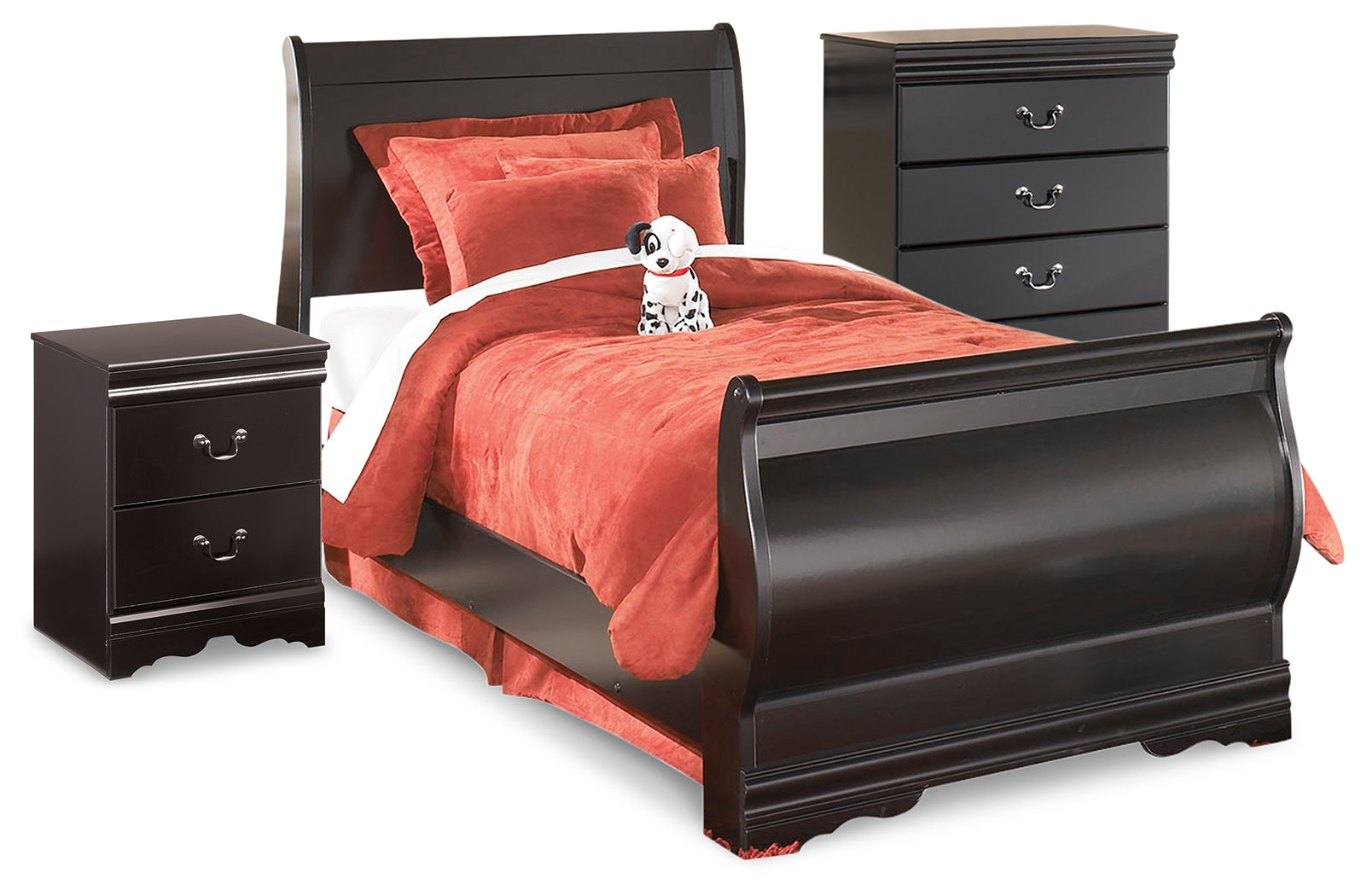 Best Furniture Outlet - Ashley Furniture - Huey Vineyard Bedroom - Twin Sleigh Bed with Chest of Drawers and Nightstand / Black - B128B22
