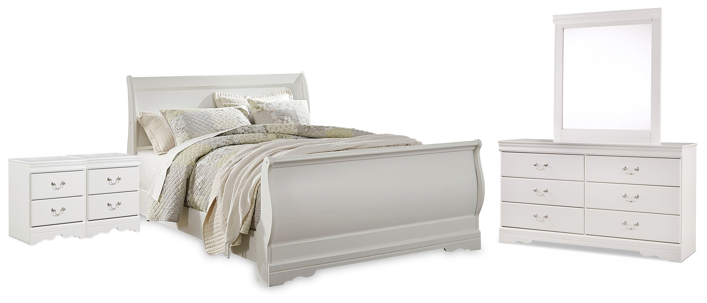 Best Furniture Outlet - Ashley Furniture - Anarasia Bedroom - Queen Sleigh Bed, Dresser, Mirror and 2 Nightstands / White - B129B23