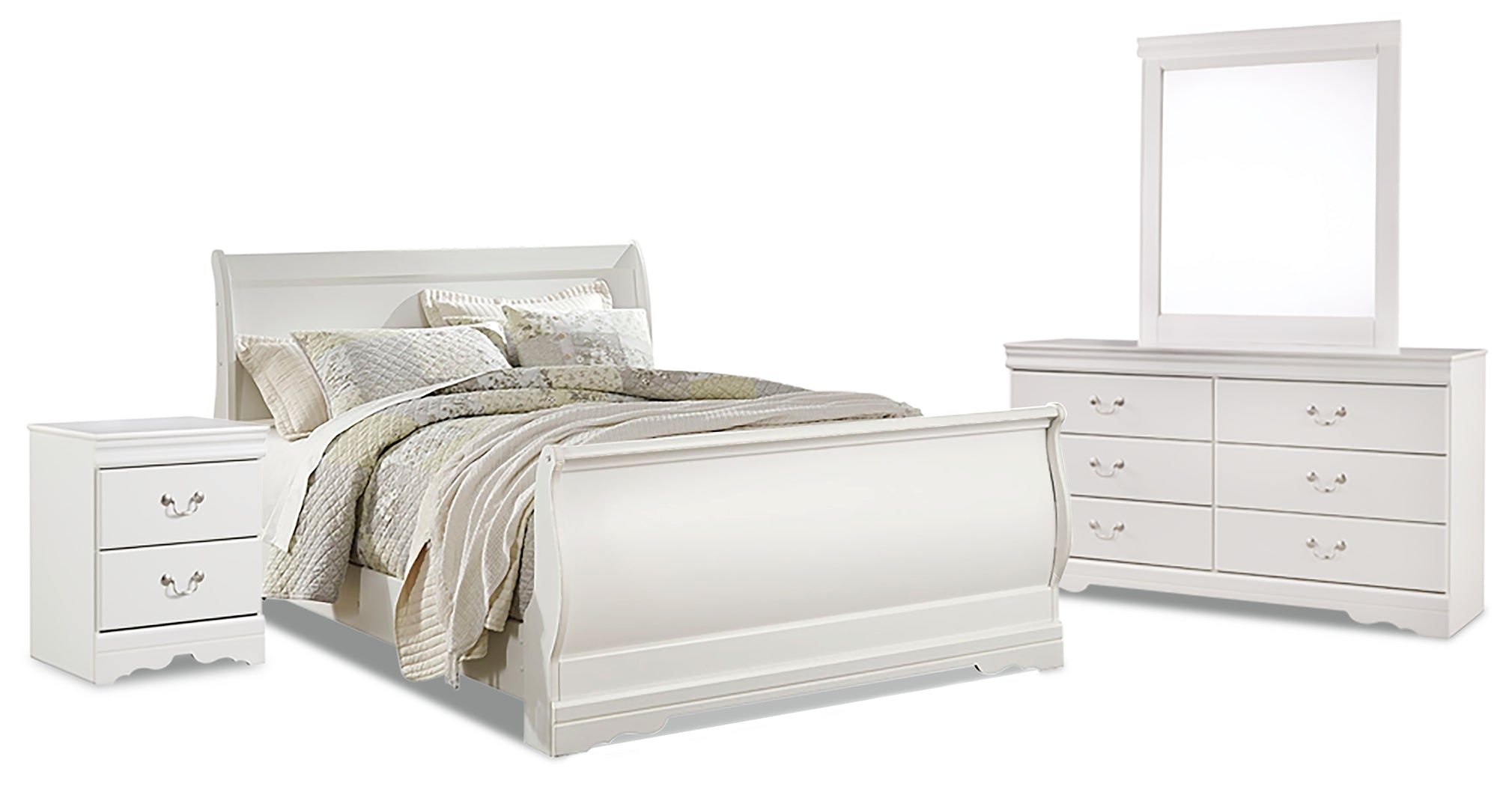 Best Furniture Outlet - Ashley Furniture - Anarasia Bedroom - Queen Sleigh Bed, Dresser, Mirror and Nightstand / White - B129B9