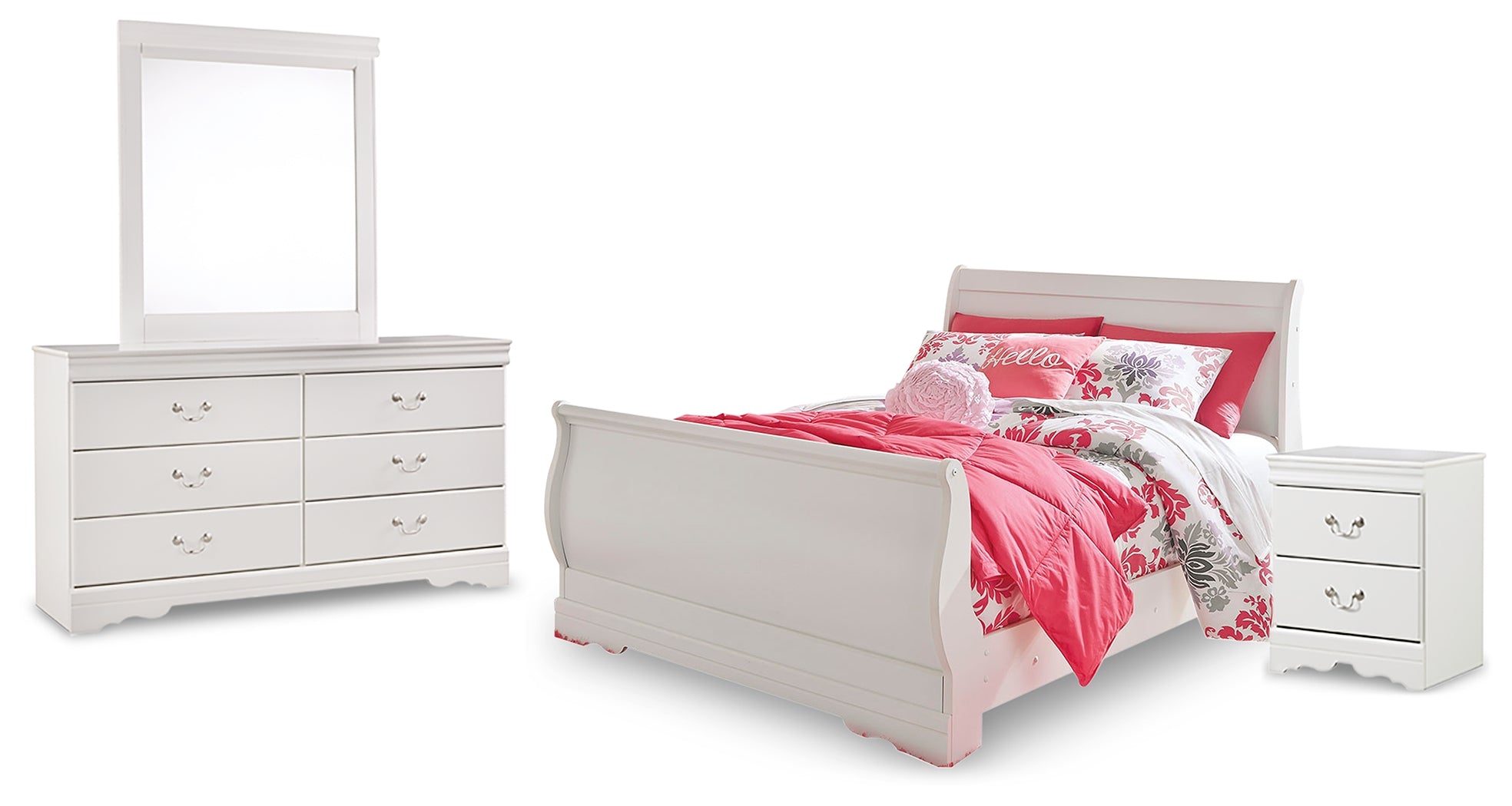 Best Furniture Outlet - Ashley Furniture - Anarasia Bedroom - Full Sleigh Bed with Dresser, Mirror and Nightstand / White - B129B13