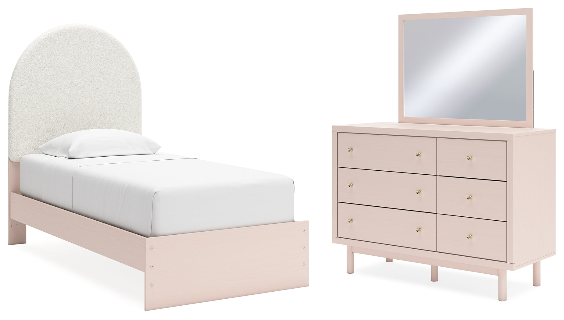 Best Furniture Outlet - Ashley Furniture - Wistenpine Bedroom - Twin Upholstered Panel Bed, Dresser and Mirror / Blush - B1323B2