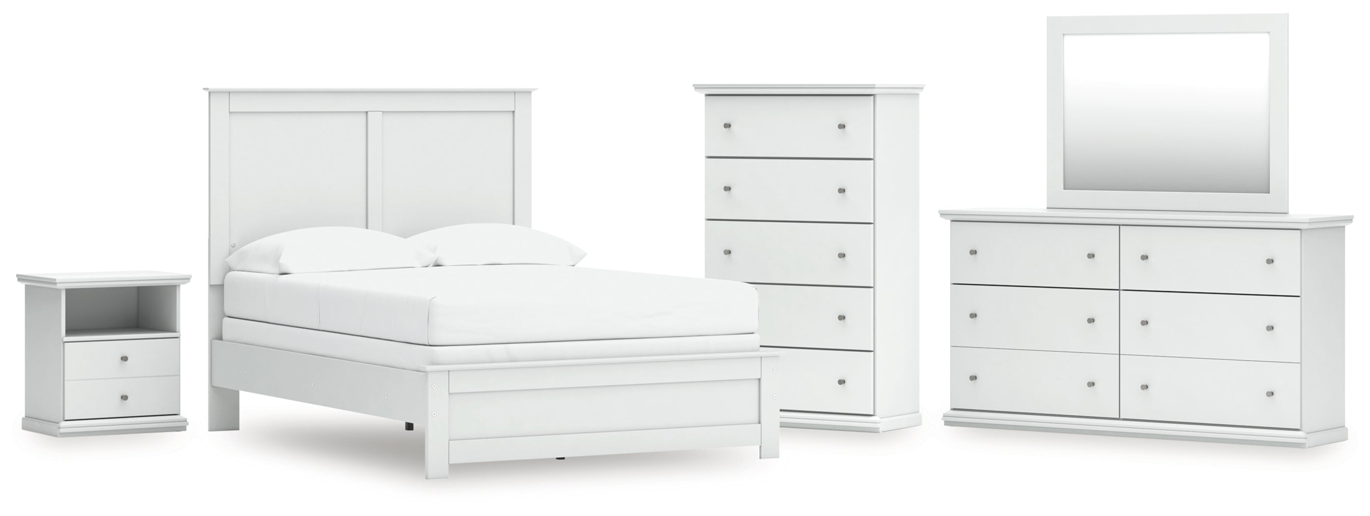 Best Furniture Outlet - Ashley Furniture - Bostwick Shoals Bedroom - Full Panel Bed, Dresser, Mirror, Chest, and Nightstand / White - B139B61