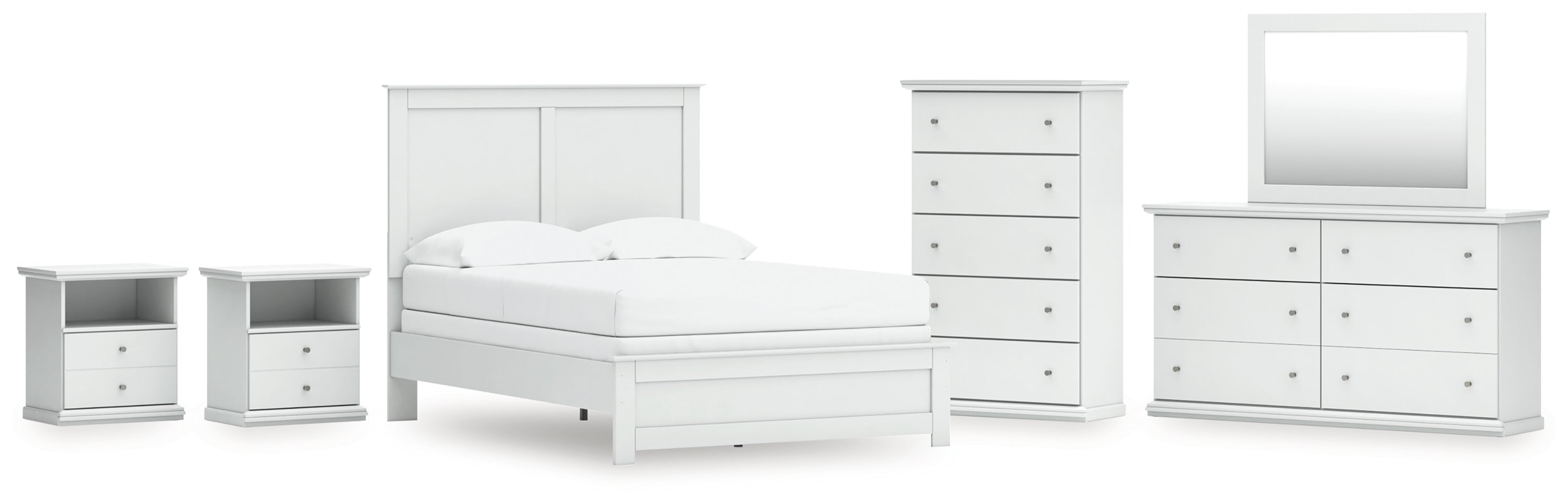 Best Furniture Outlet - Ashley Furniture - Bostwick Shoals Bedroom - Full Panel Bed, Dresser, Mirror, Chest, and 2 Nightstands / White - B139B62