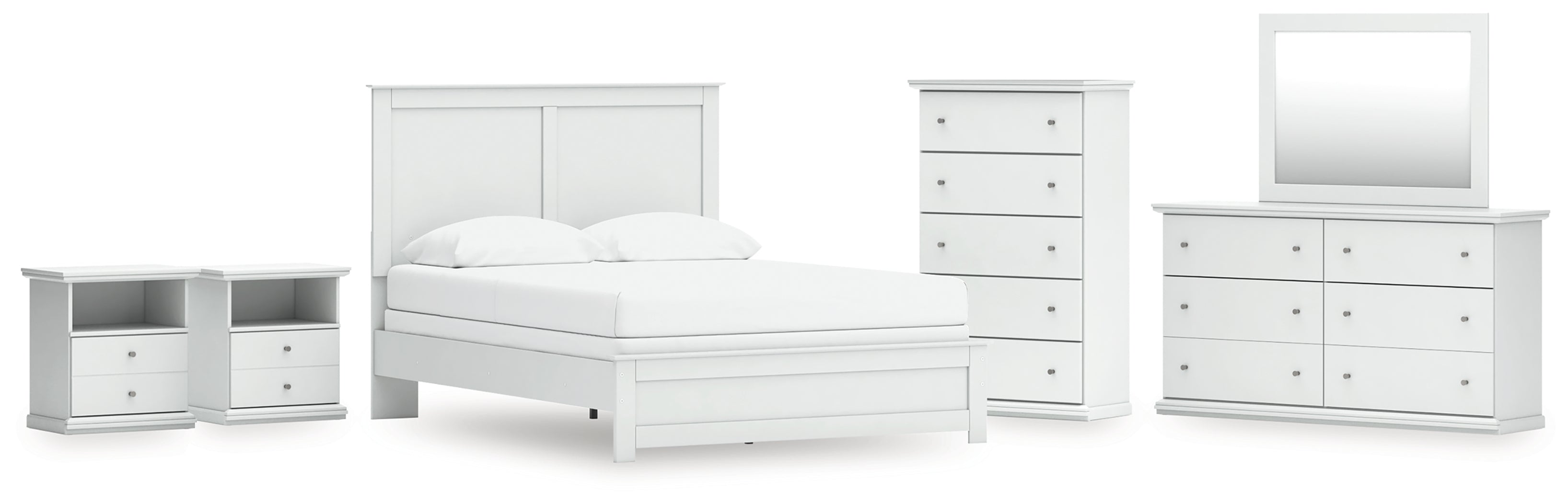 Best Furniture Outlet - Ashley Furniture - Bostwick Shoals Bedroom - Queen Panel Bed with Mirrored Dresser, Chest and 2 Nightstands / White - B139B49
