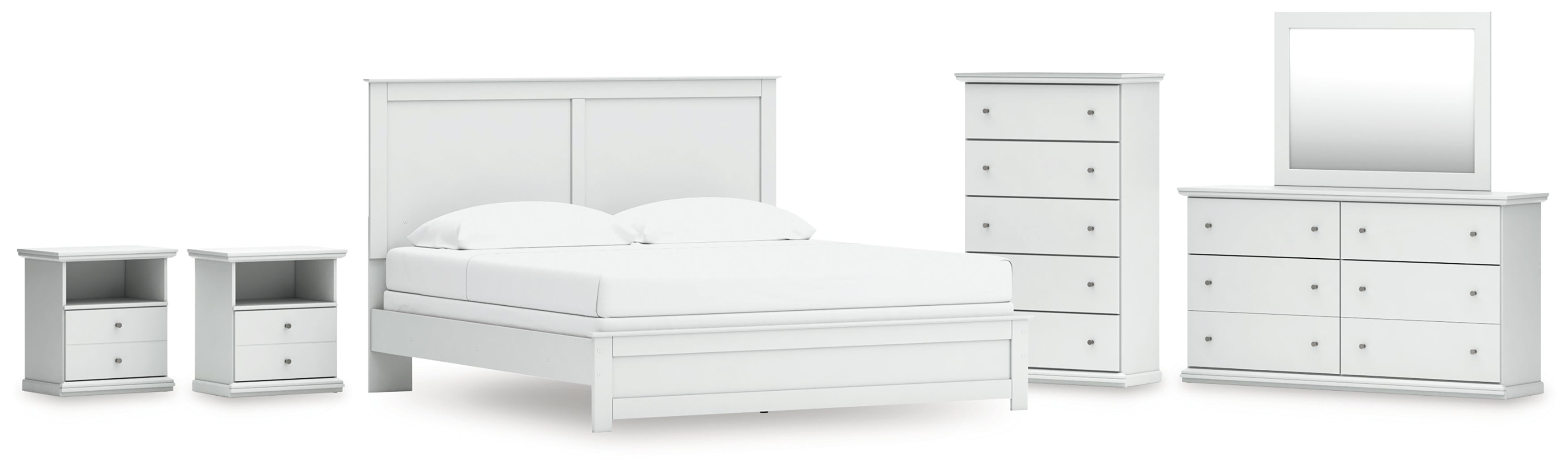 Best Furniture Outlet - Ashley Furniture - Bostwick Shoals Bedroom - King Panel Bed, Dresser, Mirror, Chest and 2 Nightstands / White - B139B53