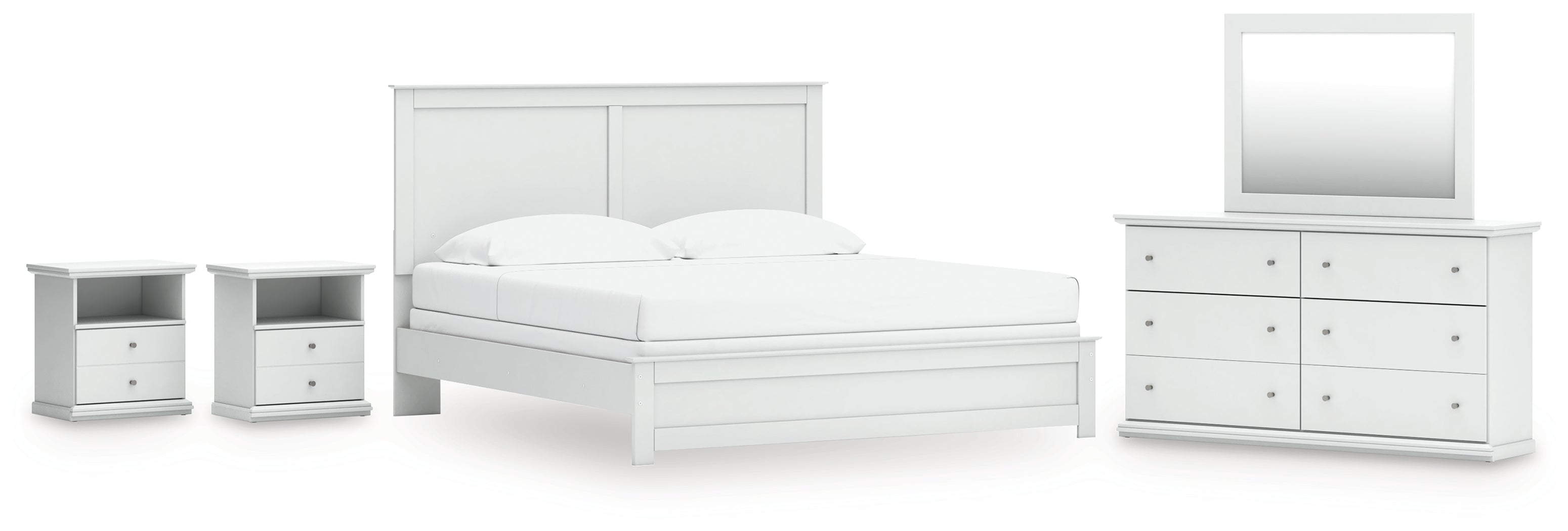 Best Furniture Outlet - Ashley Furniture - Bostwick Shoals Bedroom - King Panel Bed, Dresser, Mirror and 2 Nightstands / White - B139B52