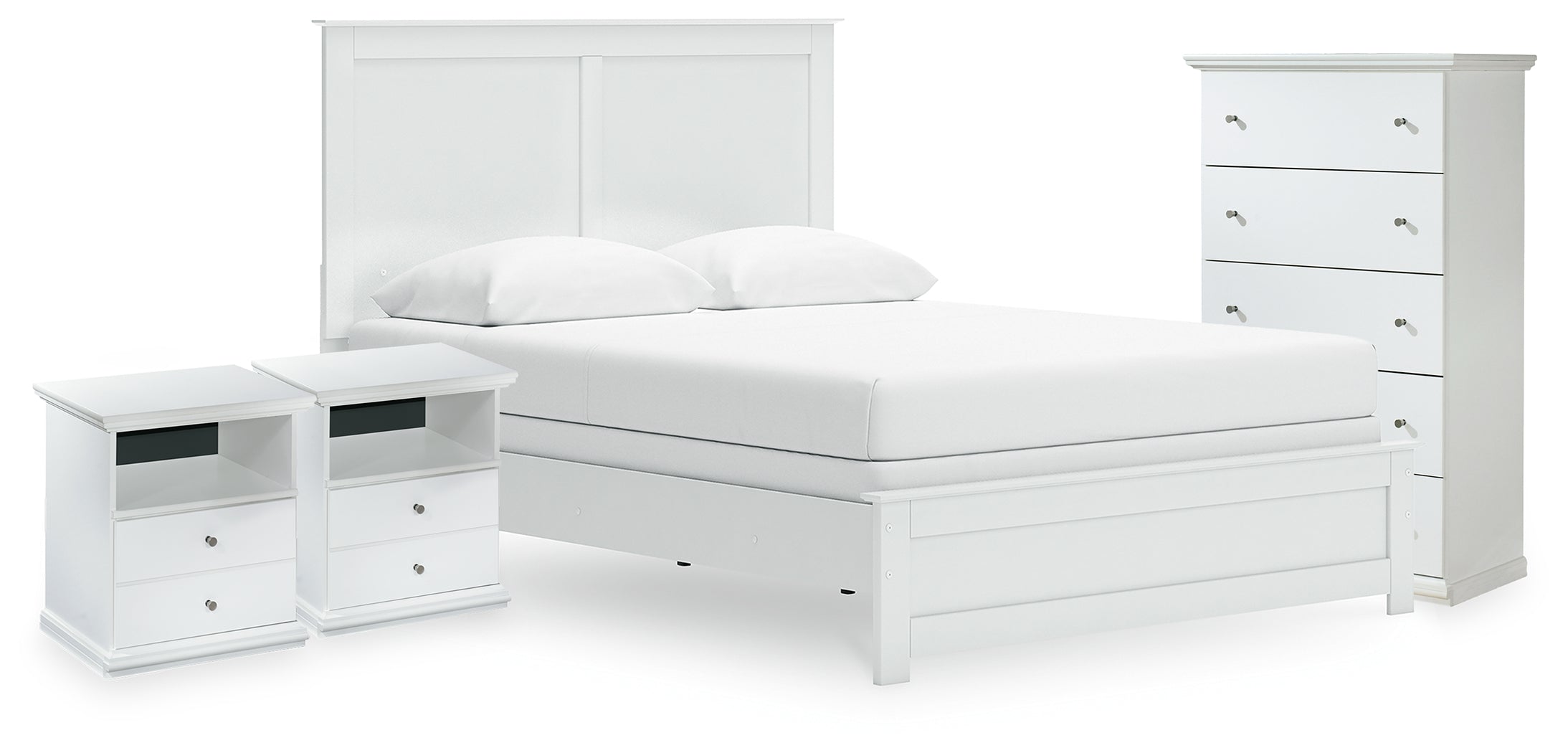 Best Furniture Outlet - Ashley Furniture - Bostwick Shoals Bedroom - Queen Panel Bed, Chest and 2 Nightstands / White - B139B59