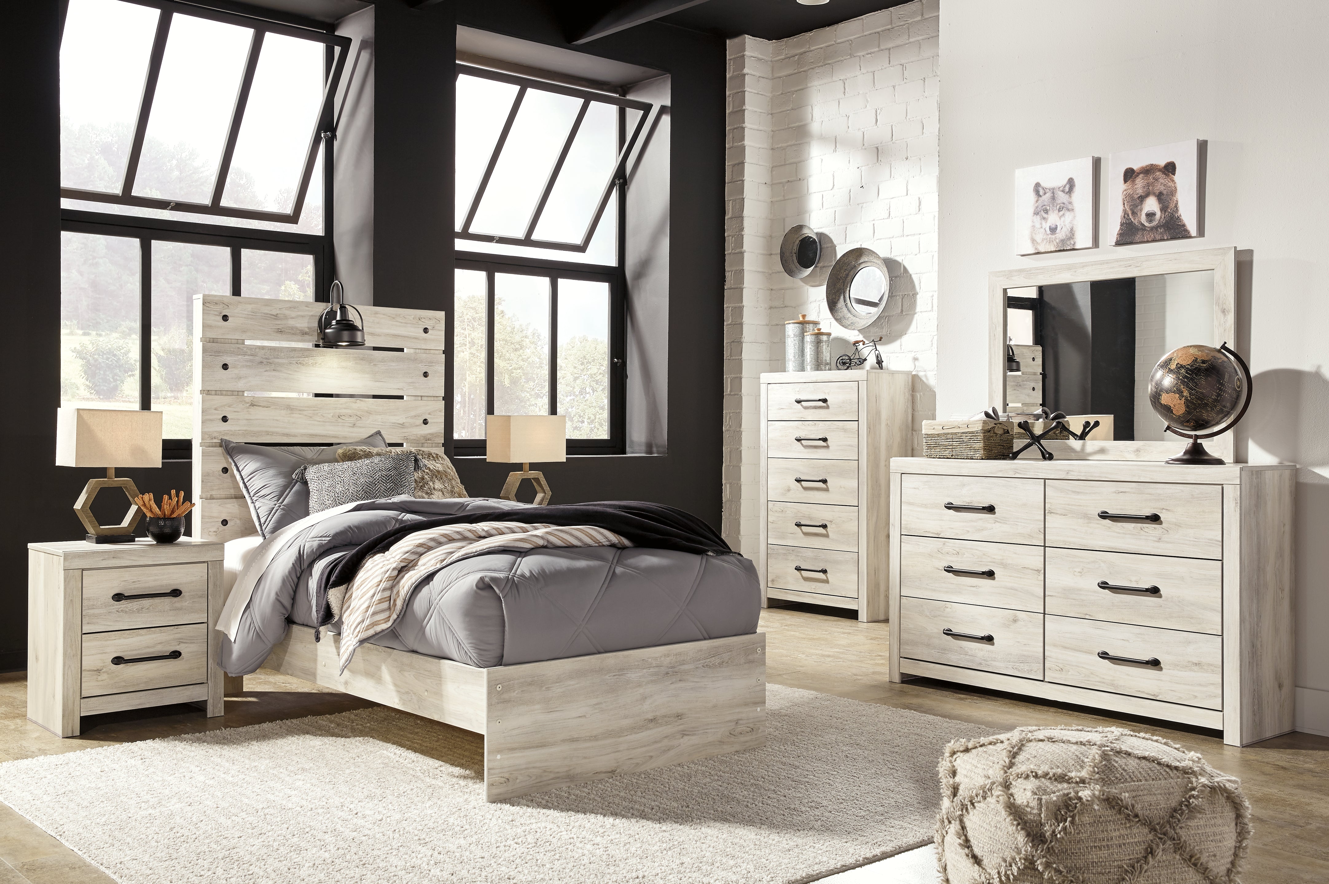 Best Furniture Outlet - Ashley Furniture - Cambeck Bedroom - Twin Panel Bed, Dresser, Mirror, Chest, and Nightstand / Whitewash - B192B59