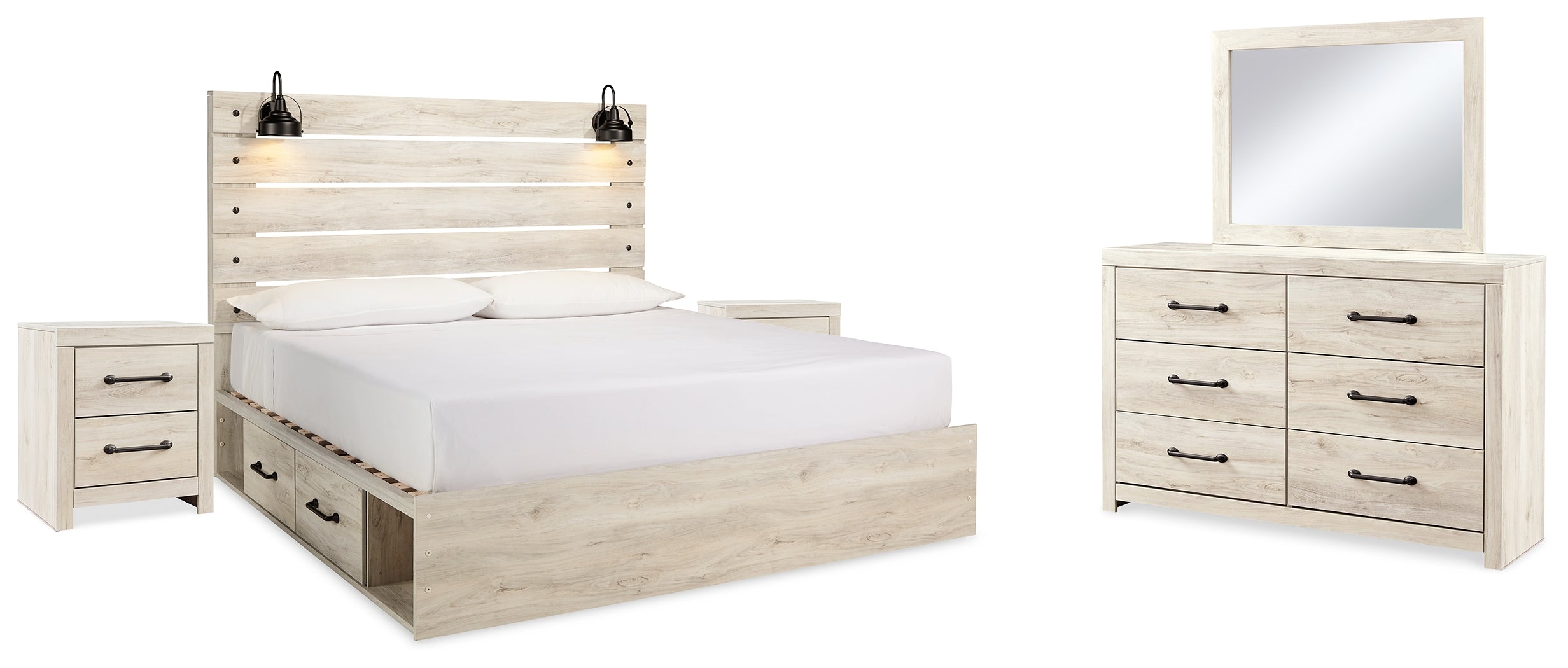 Best Furniture Outlet - Ashley Furniture - Cambeck Bedroom - King Panel Bed with 2 Side Storage, Dresser, Mirror, and Nightstand / Whitewash - B192B58
