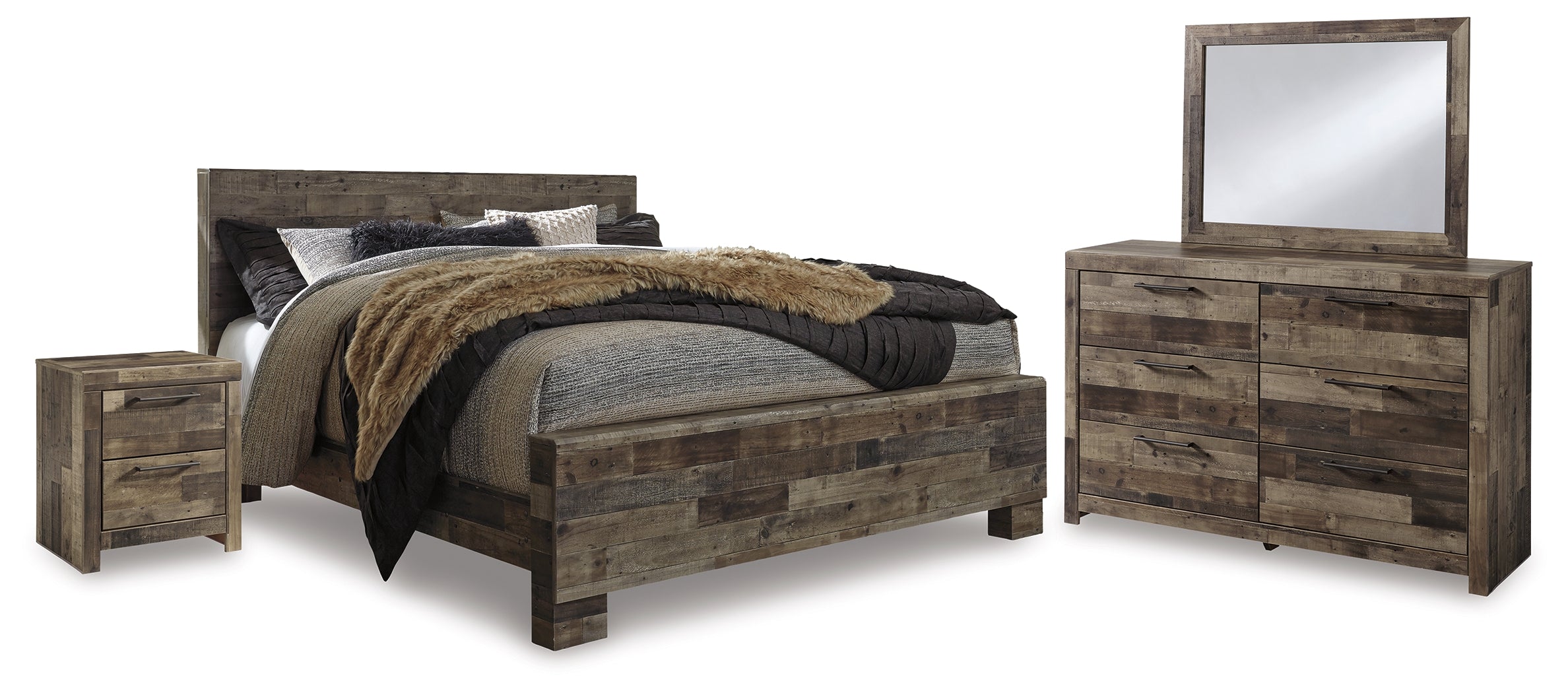 Best Furniture Outlet - Ashley Furniture - Derekson Bedroom - King Panel Bed, Dresser, Mirror and Nightstand / Multi Gray - B200B42