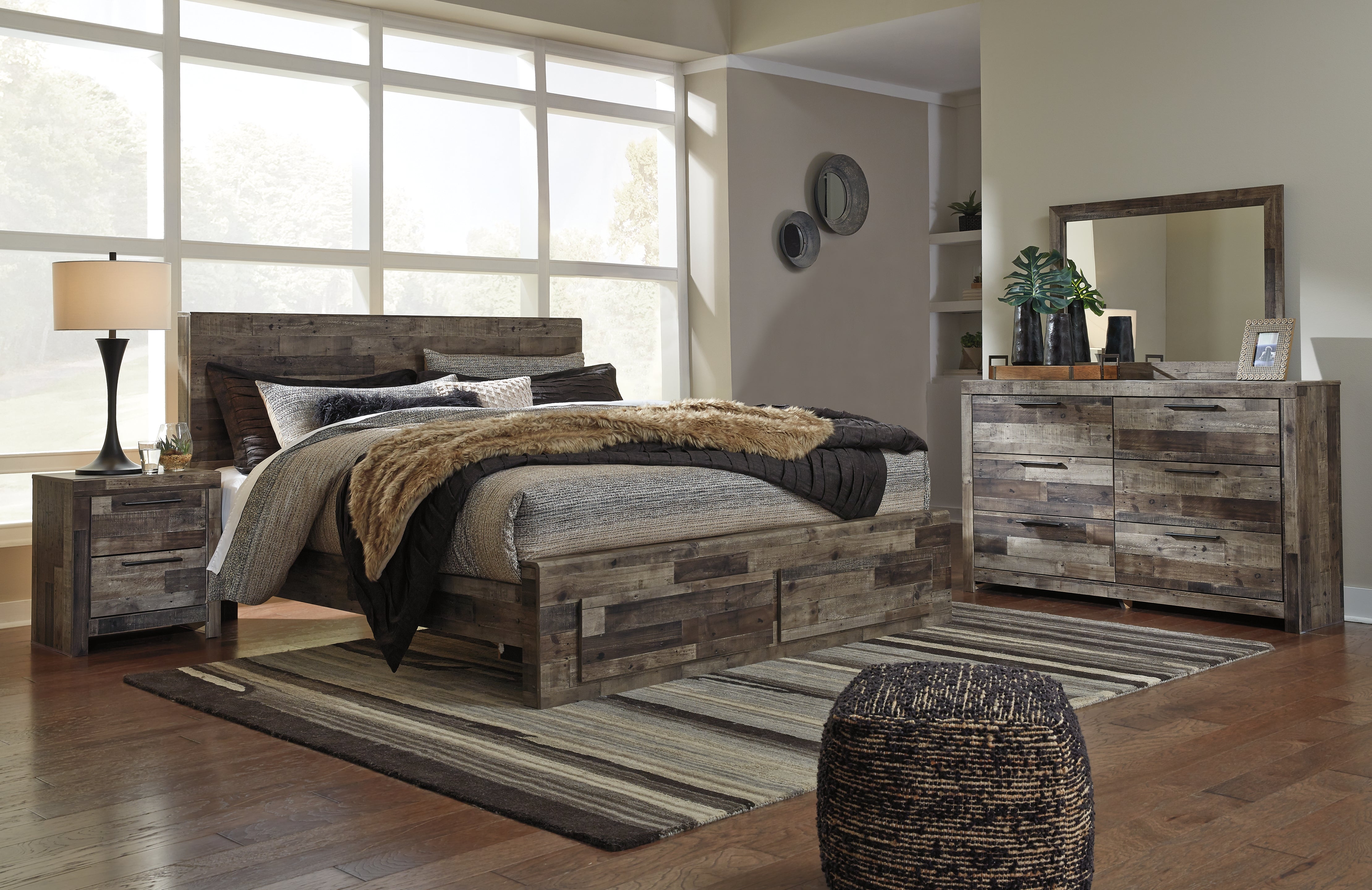 Best Furniture Outlet - Ashley Furniture - Derekson Bedroom - King Panel Storage Bed, Dresser, Mirror and Nightstand / Multi Gray - B200B41