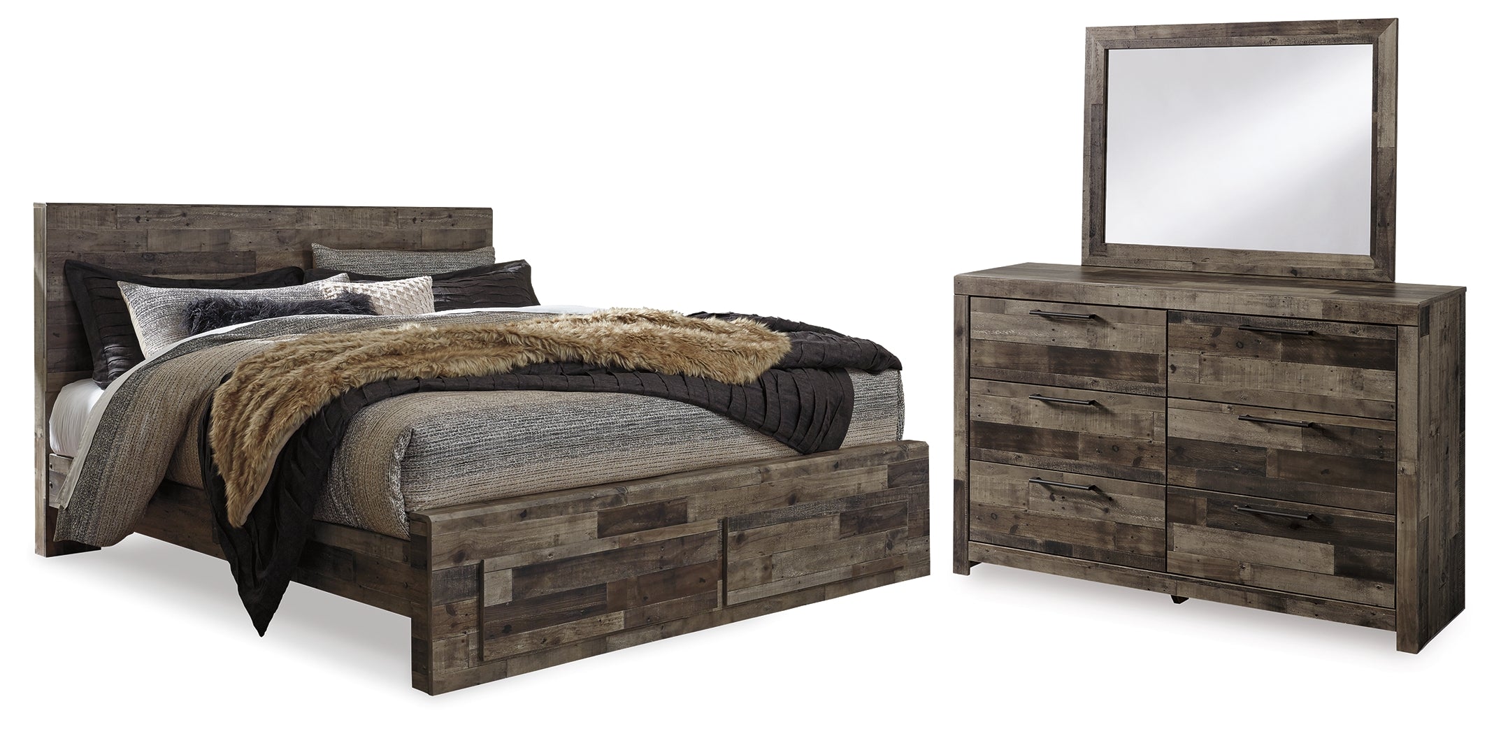 Best Furniture Outlet - Ashley Furniture - Derekson Bedroom - King Panel Storage Bed, Dresser and Mirror / Multi Gray - B200B52