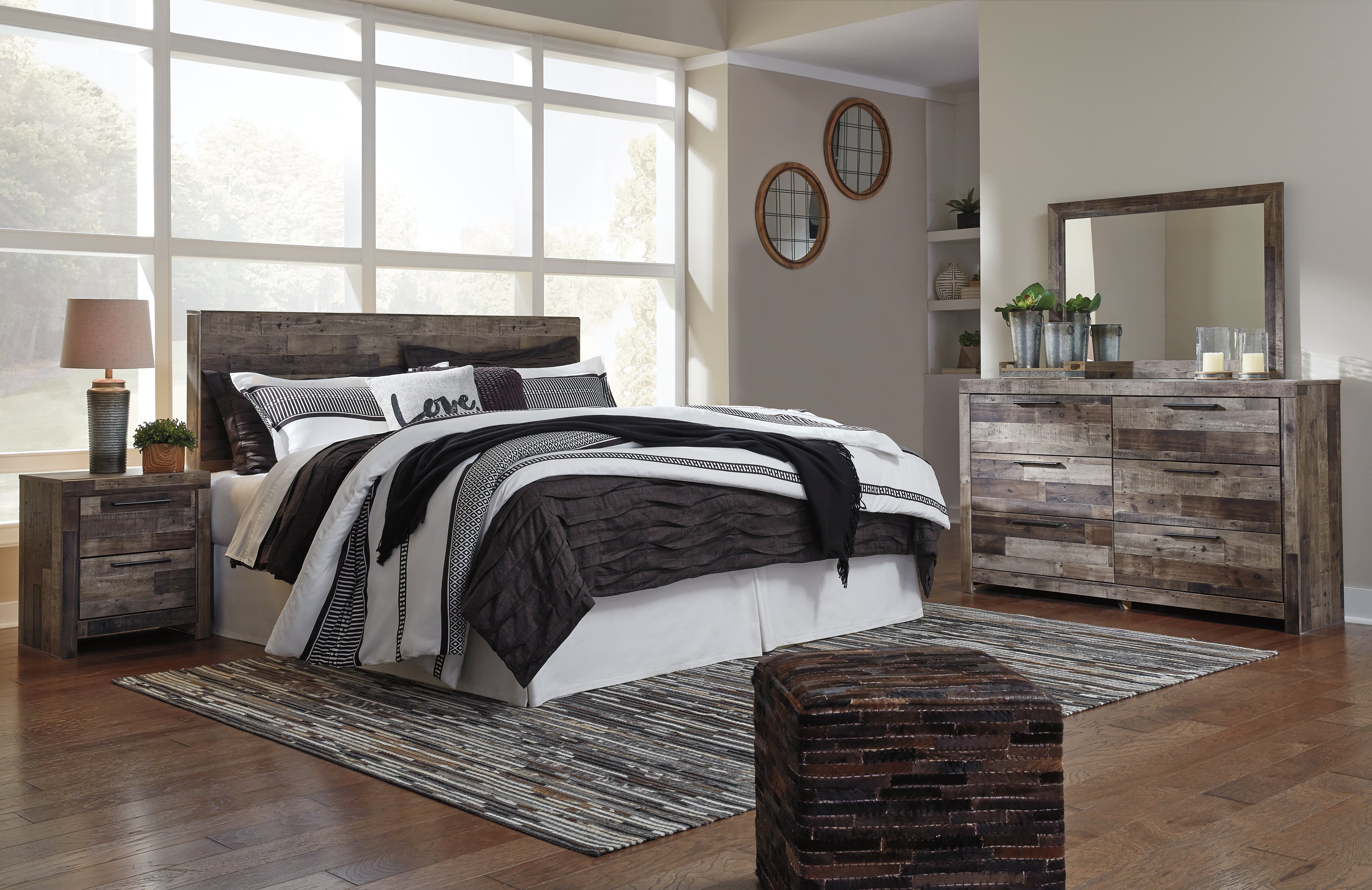 Best Furniture Outlet - Ashley Furniture - Derekson Bedroom - King Panel Headboard, Dresser, Mirror and Nightstand / Multi Gray - B200B47