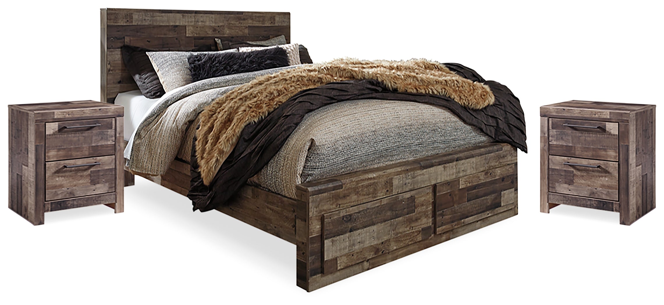 Best Furniture Outlet - Ashley Furniture - Derekson Bedroom - Queen Panel Storage Bed and 2 Nightstands / Multi Gray - B200B48