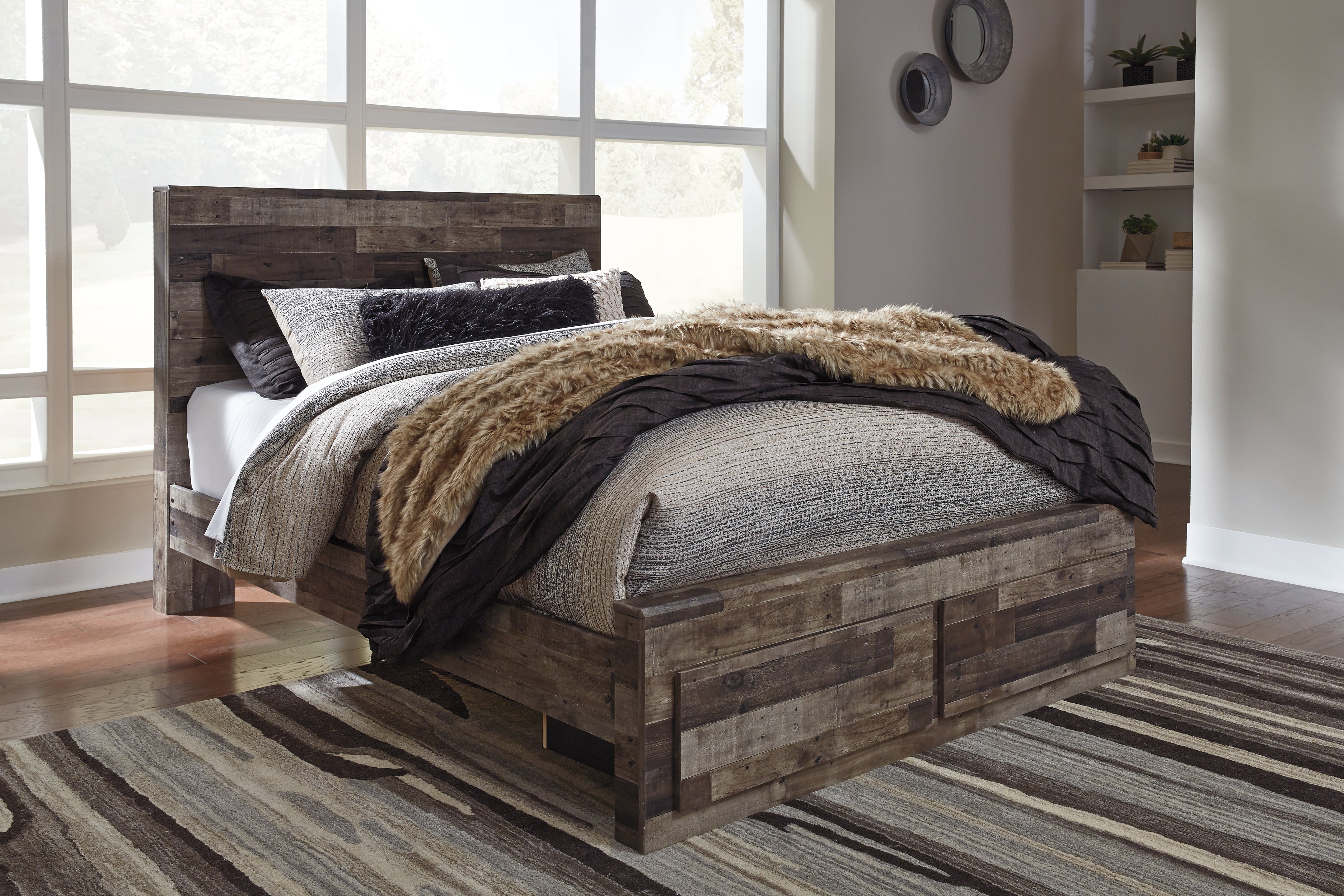Best Furniture Outlet - Ashley Furniture - Derekson Bedroom - Queen Panel Bed with 2 Storage Drawers / Multi Gray - B200B13