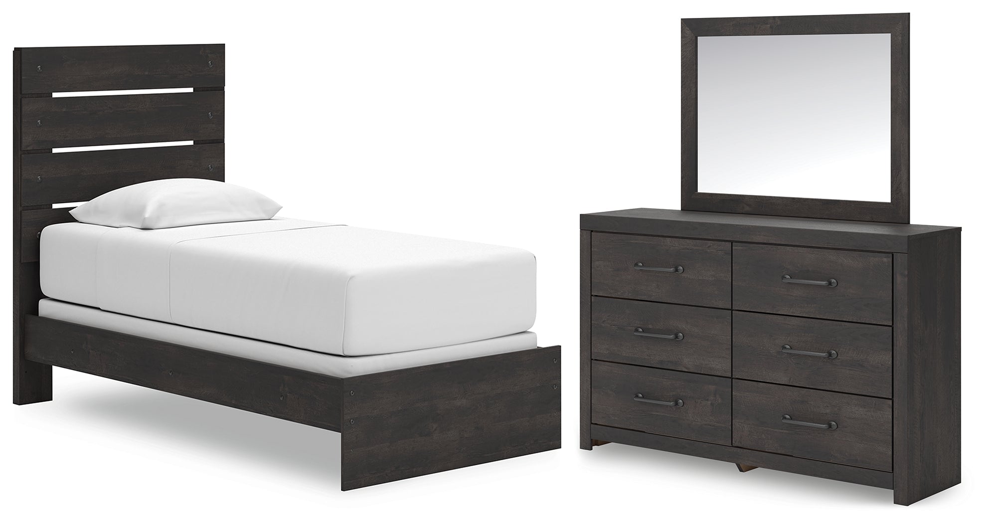 Best Furniture Outlet - Ashley Furniture - Hollivern Bedroom - Twin Panel Bed, Dresser and Mirror / Dark Gray - PCB2108B13